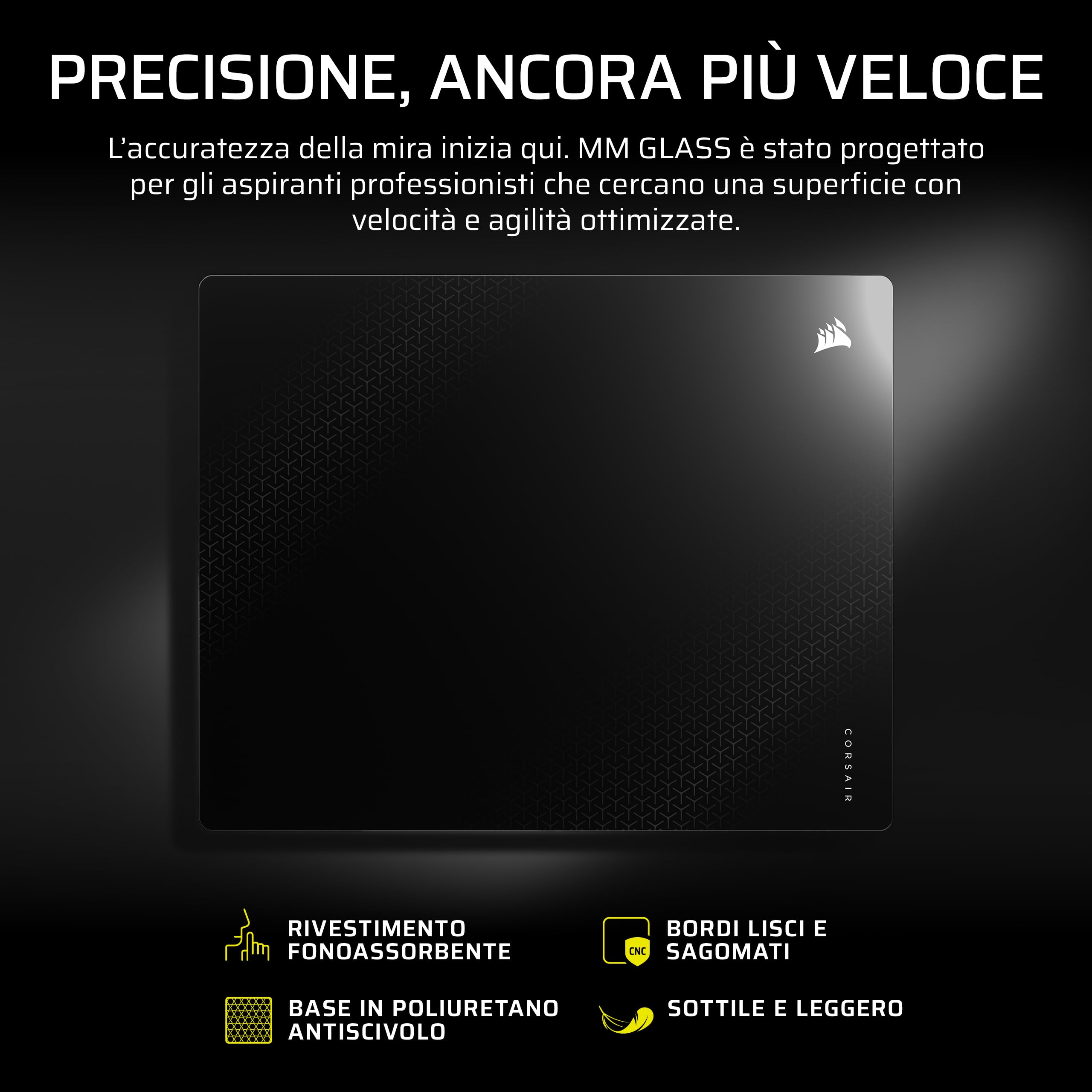 Corsair Tappetino Gaming MM Glass Precision – Large (500 x 400 mm) – Nero | Superficie in Vetro Opaco, Rivestimento Fonoassorbente, Base Antiscivolo in Poliuretano