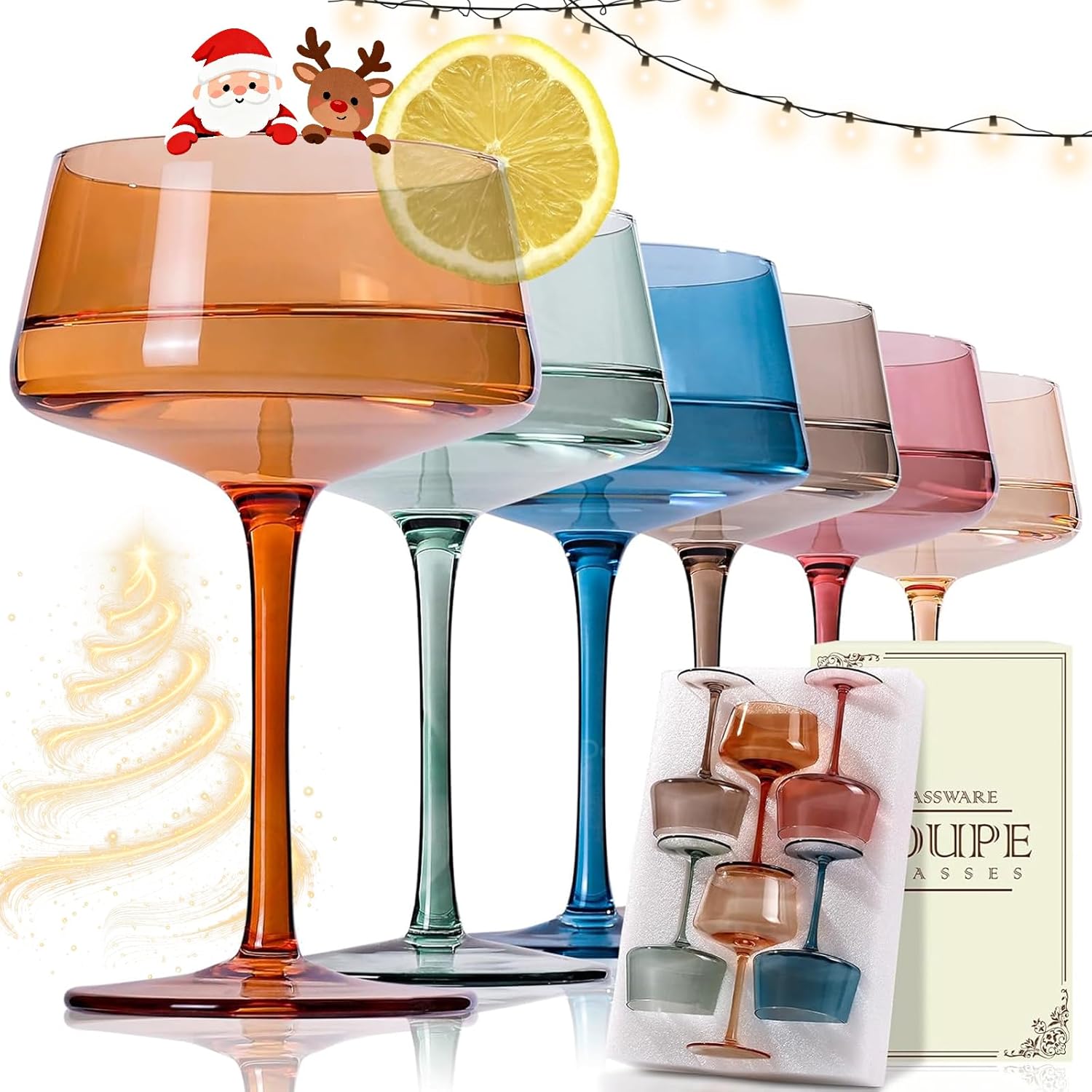 Colored Coupe Glasses Set of 6, Hand Blown Colorful Martini Glasses 13Oz, Champagne & Cocktail Luxury Glasses, Bar Manhattan and New Year Glass, Christmas Gifts, for Ice Cream Dessert