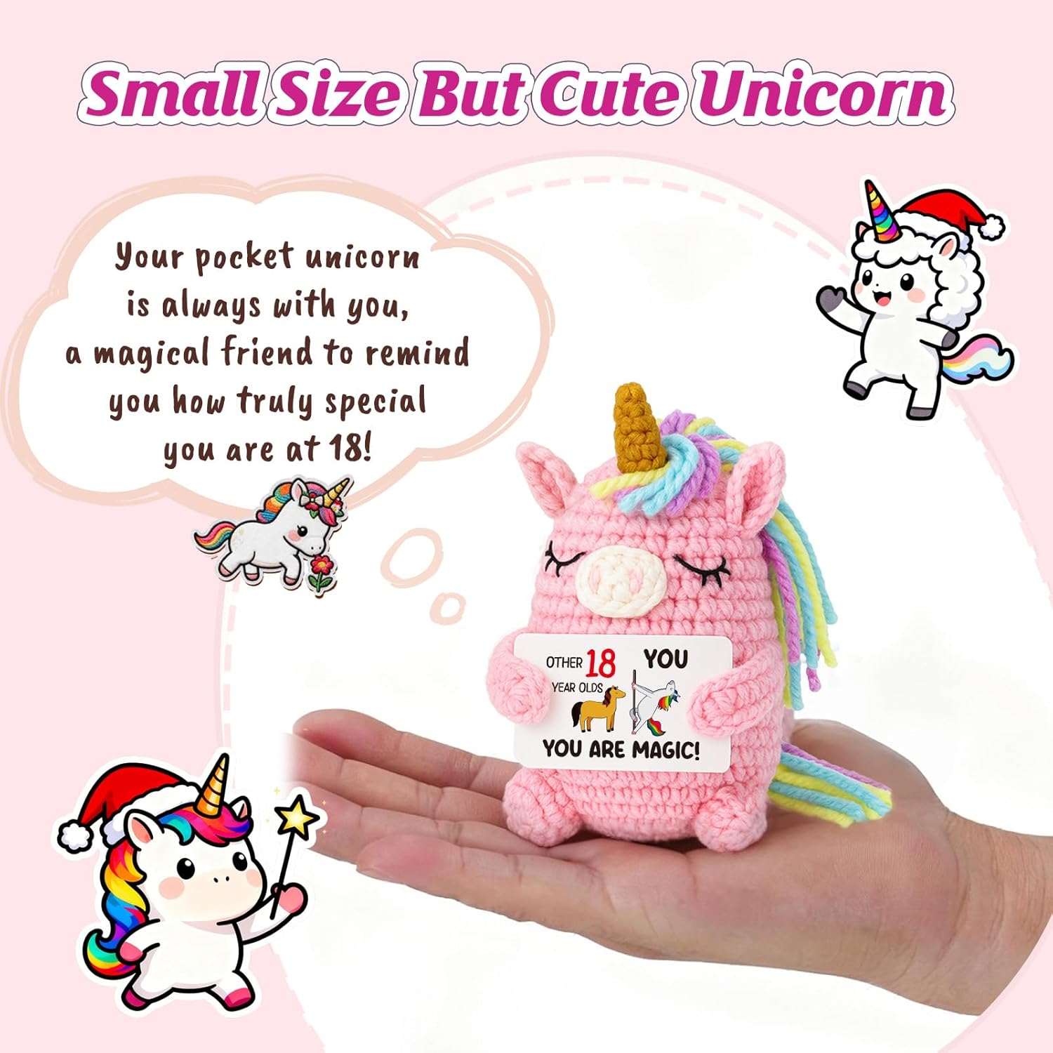 18th Birthday Gift for Girl — Pink Crochet Unicorn 4", Handmade Amigurumi Plush, “You are Magic” Card, Cute Stuffed Animal Desk Decor for Teen Daughter Granddaughter Niece - Image 2