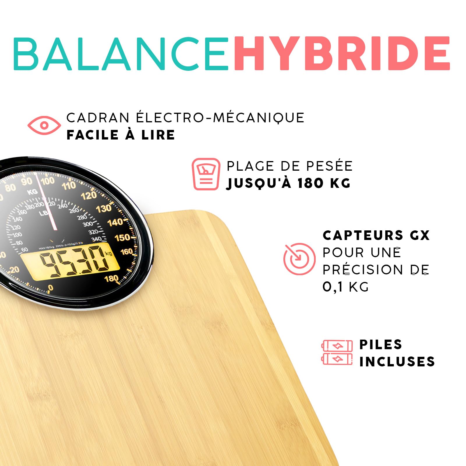 Hybrid Pèse-Personne - Analogique & Digital, Précis jusqu'à 180 kg | Lisez votre poids sur cadran analogique et LCD en même temps. Large plateau, 3 piles AAA incluses, prêt à l'emploi.
