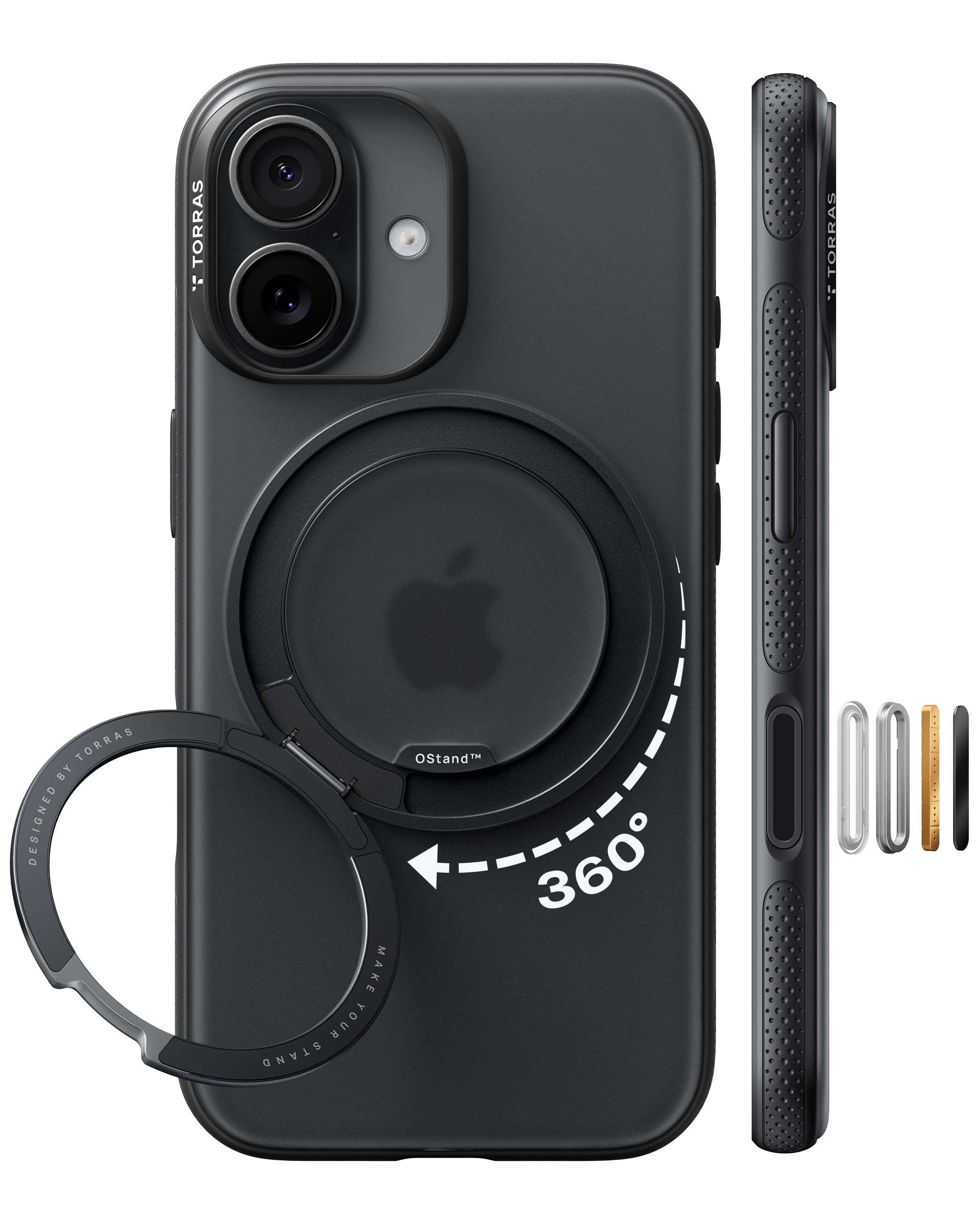 TORRAS iPhone 17 用ケース 【カチカチ・多機能360度回転スタンド】リング Ostand O3 Fitness MagSafe対応 米軍MIL規格耐衝撃 スタンド 指紋防止 黄変防止 カメラコントロールボタン付き ストラップホール 半透明 撮影/動画視聴/日常の記録 手のひらサイズの映像革命 ブラック