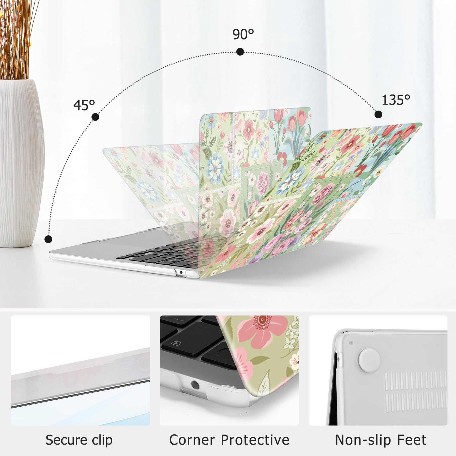 MOSISO Compatible avec MacBook Air 13 Pouces M5 M4 M3 M2 2026-2022 A3449 A3240 A3113 A2681,Fleurs Découpées Plastic Coque Rigide&Clavier Skin&Protecteur D'écran pour MacBook Air 13,6 Pouces,Vert