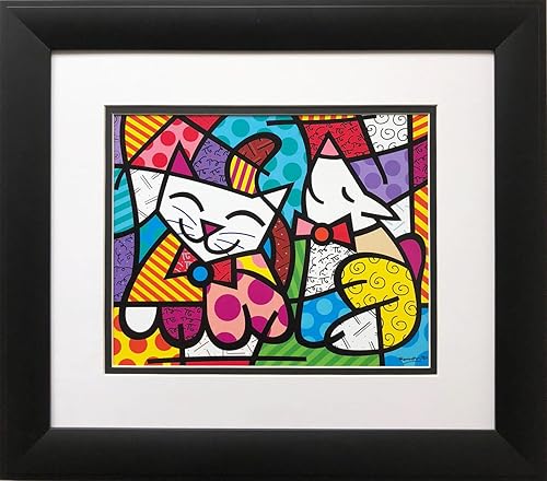 Romero Britto "Happy Cat & Snob Dog" - Impresión artística enmarcada a la medida, tamaño del marco mide aproximadamente 16.5 "x 18.5" Tamaño de la