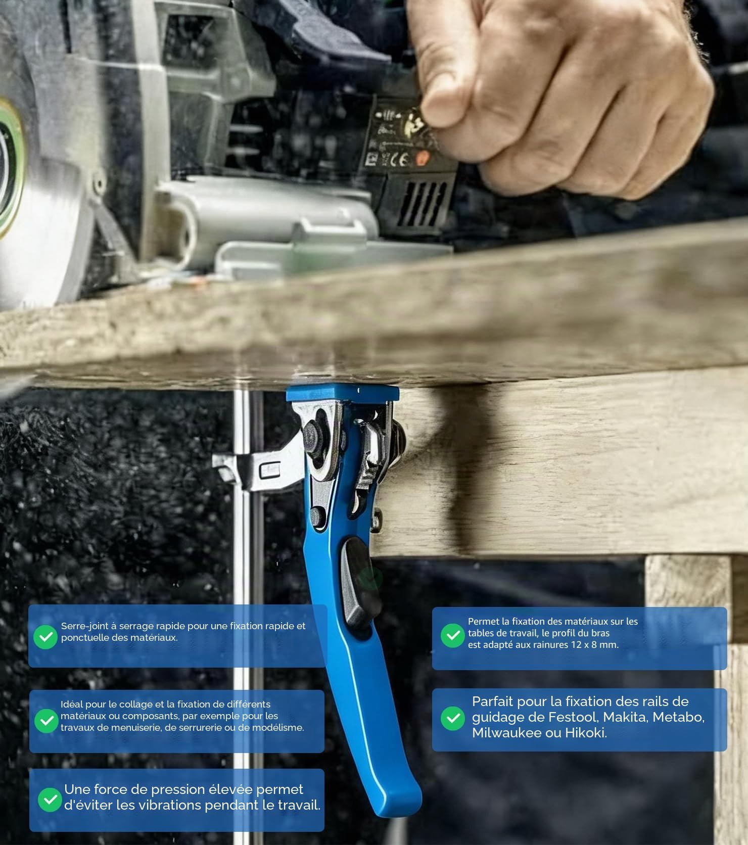2 serre joint rapide de table en acier avec poignée à levier, serre joint menuisier, pinces et tendeurs capacité de 160 mm, projection de 60 mm, pour rail de guidage coupe fixation précise