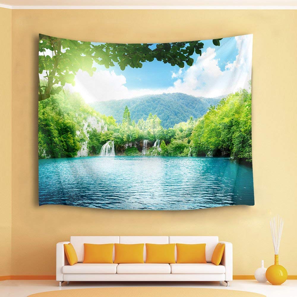 Amazon.co.jp: LB 自然風景タペストリー 森と湖 インテリア 多機能