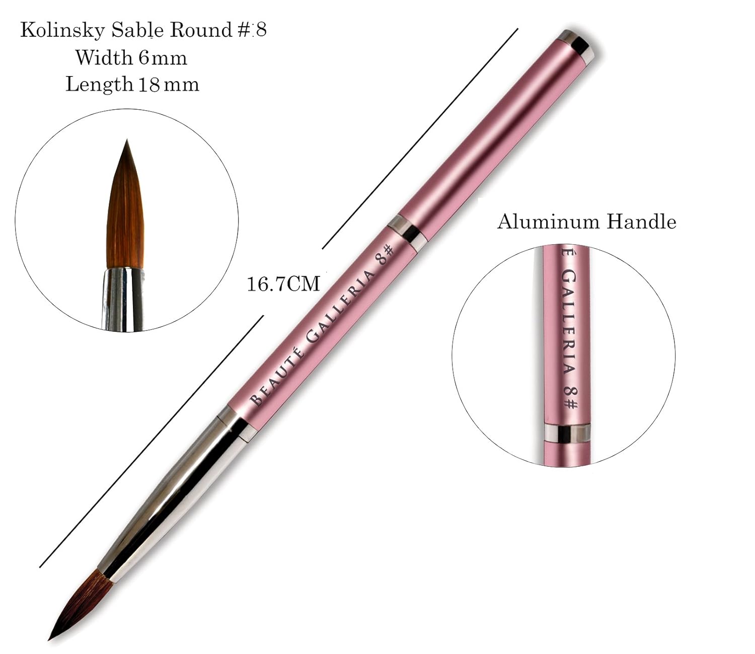 Beaute Galleria 2 Pieces Kolinsky Sable Round Acrylic Nail Art Brush Set, Manicure Detail Painting Nail Art Pen (Size 8, 12)