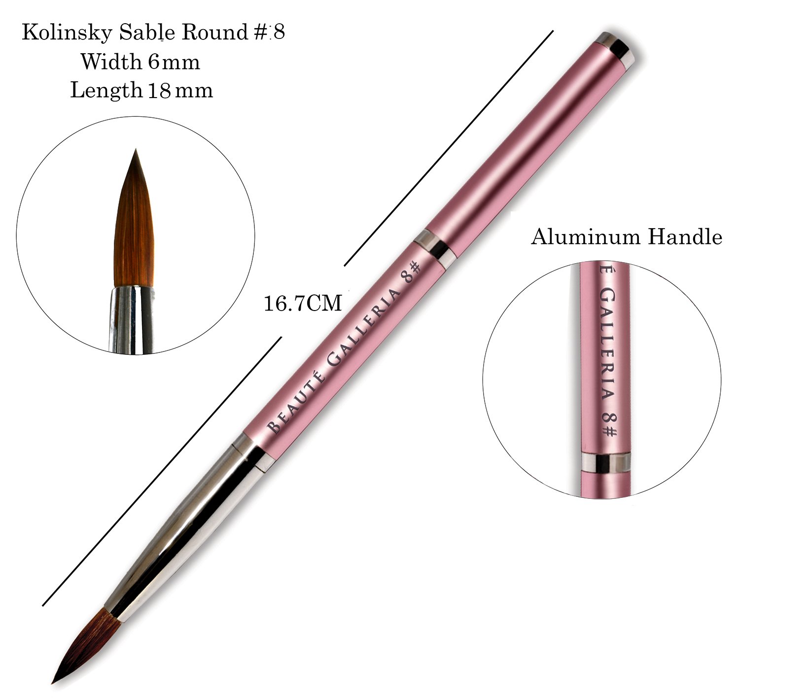 Beaute Galleria Kolinsky - Set di 2 pennelli rotondi per nail art, in acrilico, per manicure, pittura e nail art, misura 8, 12