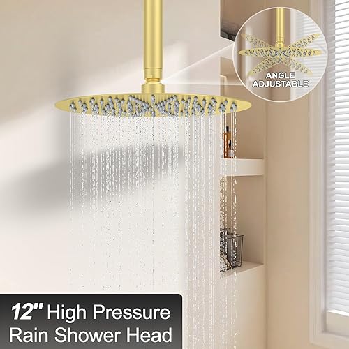 Miniatura 9 de Sistema de ducha montado en el techo de 12 pulgadas con cabezal de ducha de lluvia, cabezal de mano y válvula de ducha, kit de molduras de níquel