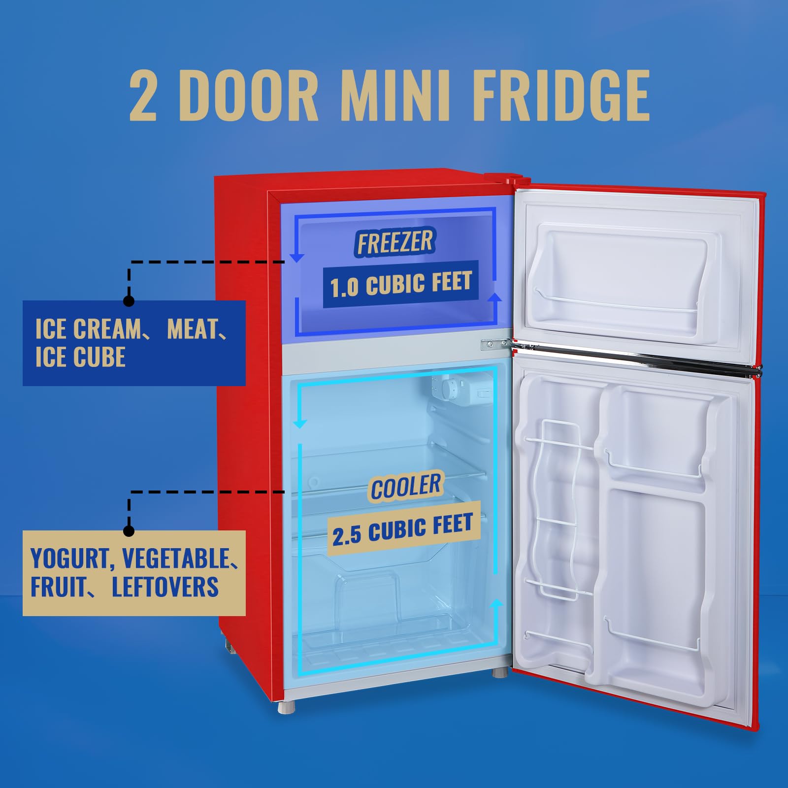 Tacool 3.5 Cu.Ft Refrigerator With Freezer Double Door Red Fridge Adjustable Glass Shelves, Plastic Crisper,7 Level Temperature Control Fridge For Dorm, Office, Apartment on Fridge.com - View 6