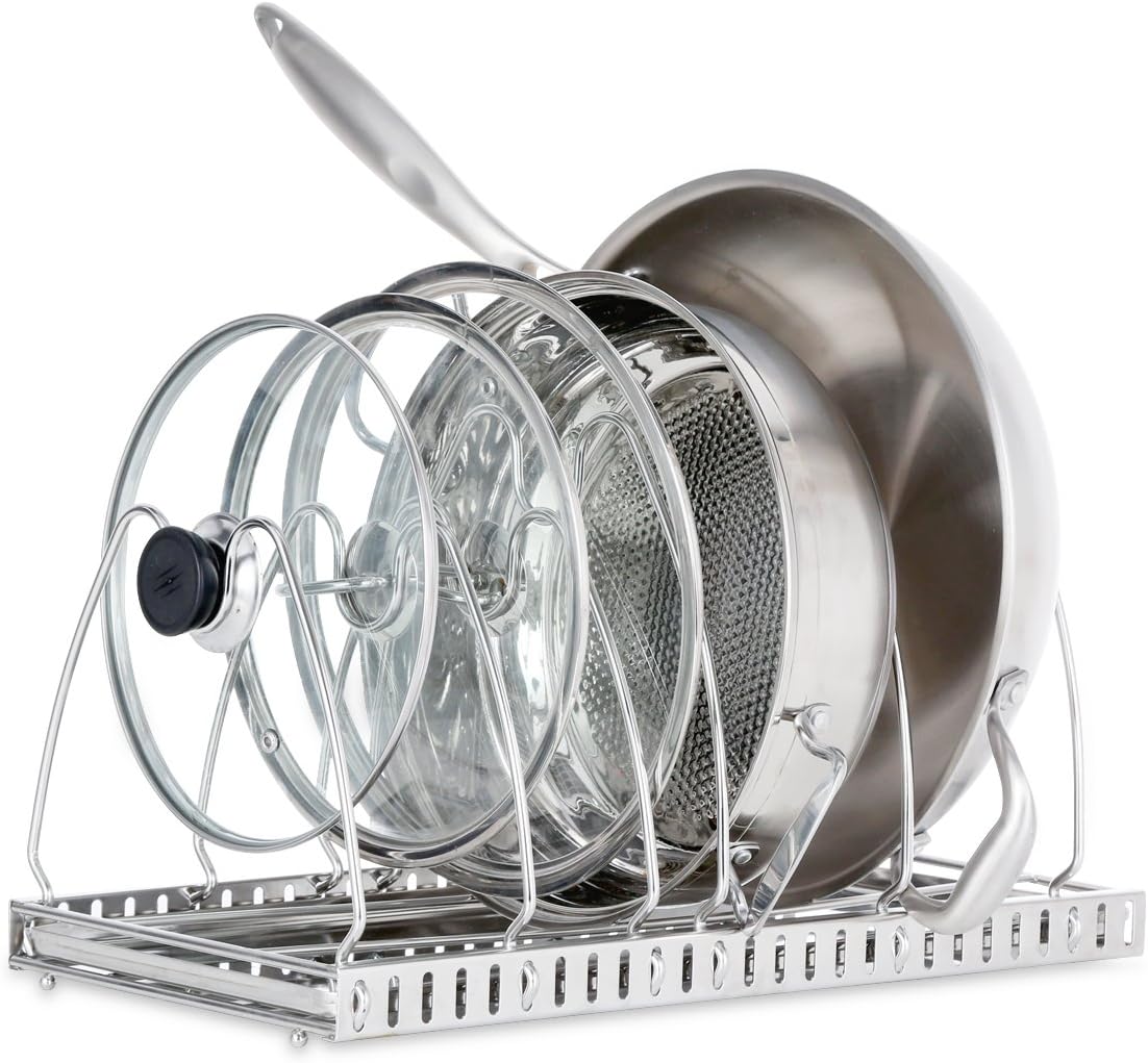 Adjustable Pan Pot Lid Cookware Organizer Rack for Cabinet, Stainless Steel