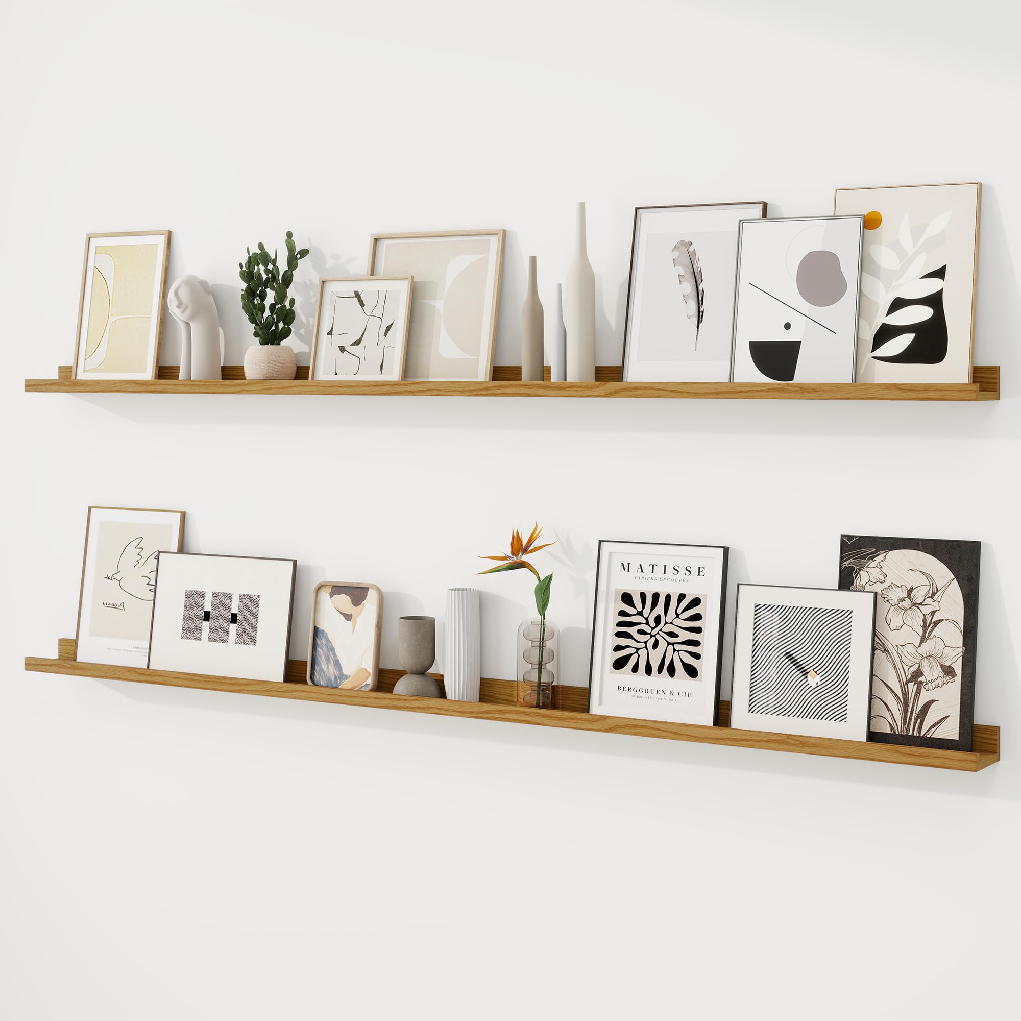 RICHFOCUS Picture Ledge Shelf, 72 inch Floating Shelves Set of 2, Wood Wall Shelves with Lip, Wall Decor Storage for Bedroom Living Room Bathroom