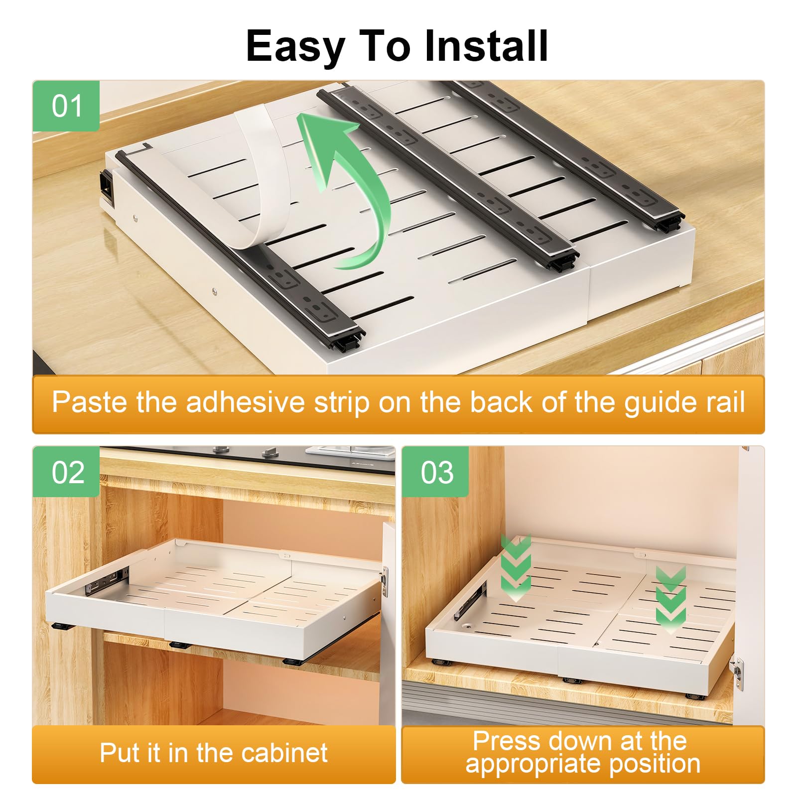 KUOGAS Pack de 2 Cajones Extraíbles para Cocina, Cajón Deslizante Ajustable en 4 Niveles, Organizador de Armario de Cocina y Cajón, sin perforación ni clavos (blanco (2 Unidades))