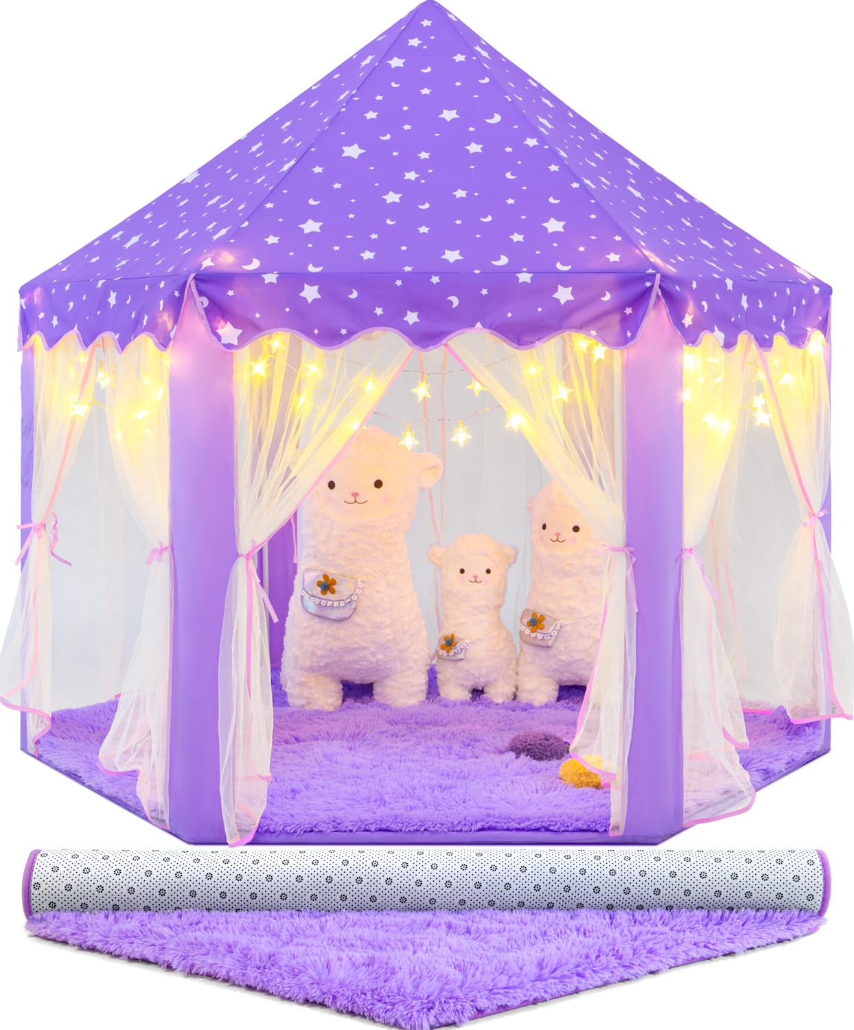 CUBNBUD Purple Princess Tent with Lights and Rug, Playhouse for Girls Age 4-7, Kids Play Tent for Girls Indoor, Castle Playhouse for Toddlers,
