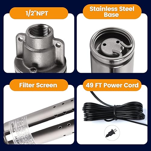 Miniatura 5 de Doppy Bomba sumergible de pozo profundo, 0.5 HP220 V60 Hz, cabeza de 164 pies4.4 gpm, con bomba de agua de acero inoxidable de cable eléctrico de 49