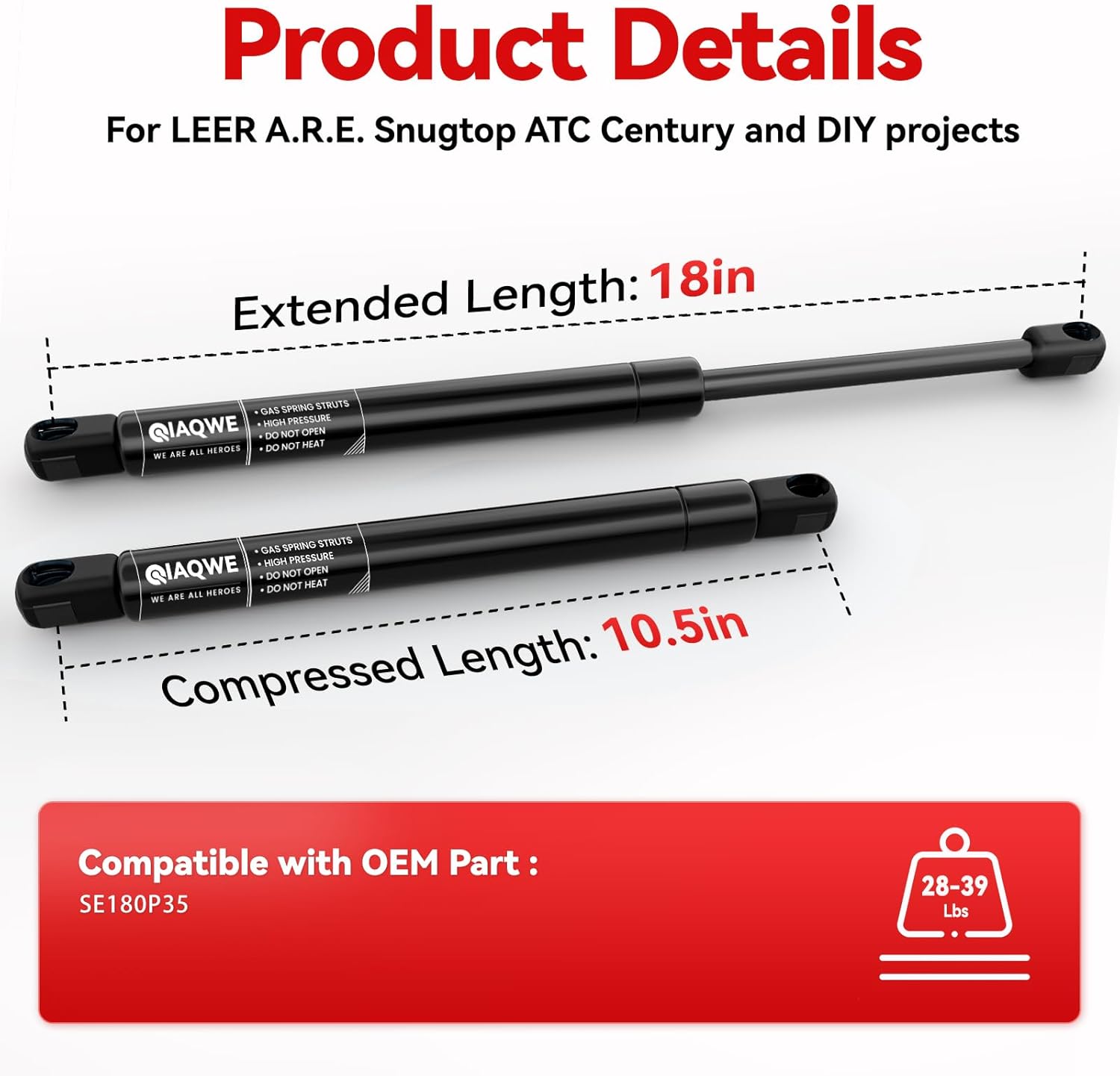 IAQWE SE180P35 18Inch 35Lb 156N Gas Struts for Leer A.R.E Snugtop Truck Cap Window, Replacement Shocks for Pickup Canopy Topper Camper Shell Rear/Side Window Tool Box Lid, 18" Gas Lift Springs, 2 PCS
