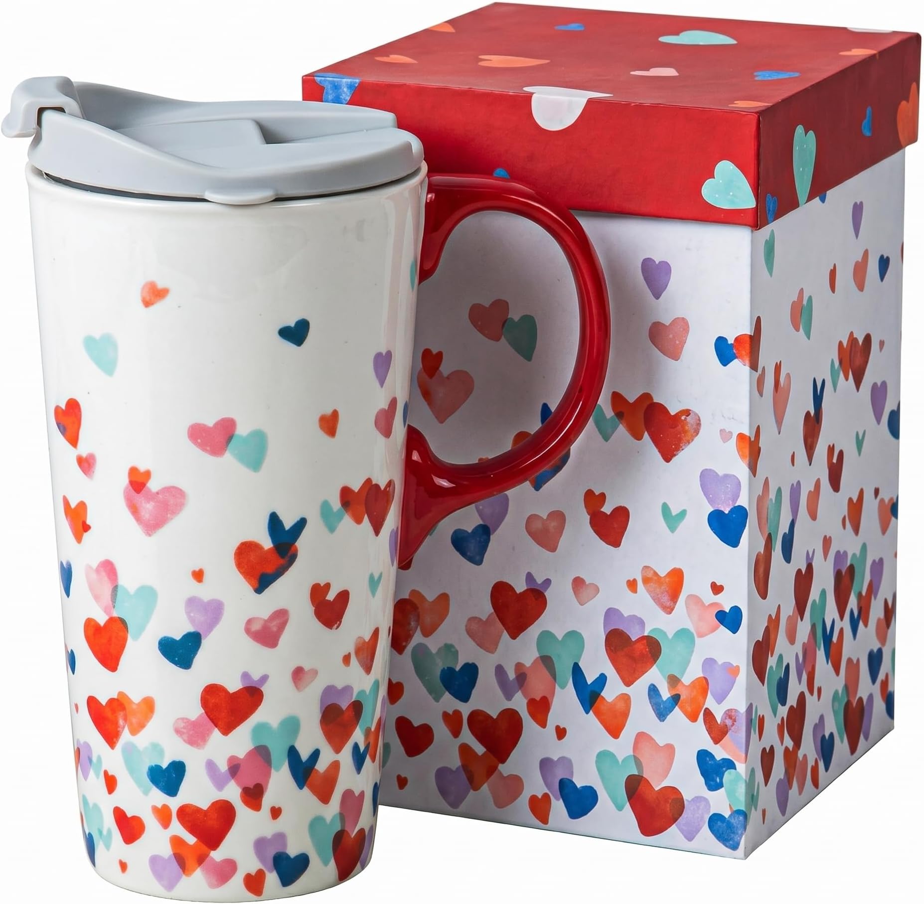 Topadorn 17oz Ceramic Coffee Mug with Lid & Gift Box, Watercolor Heart Porcelain Coffee Cup, Romantic Valentine Tea Mug, Microwave & Dishwasher Safe for Home Office
