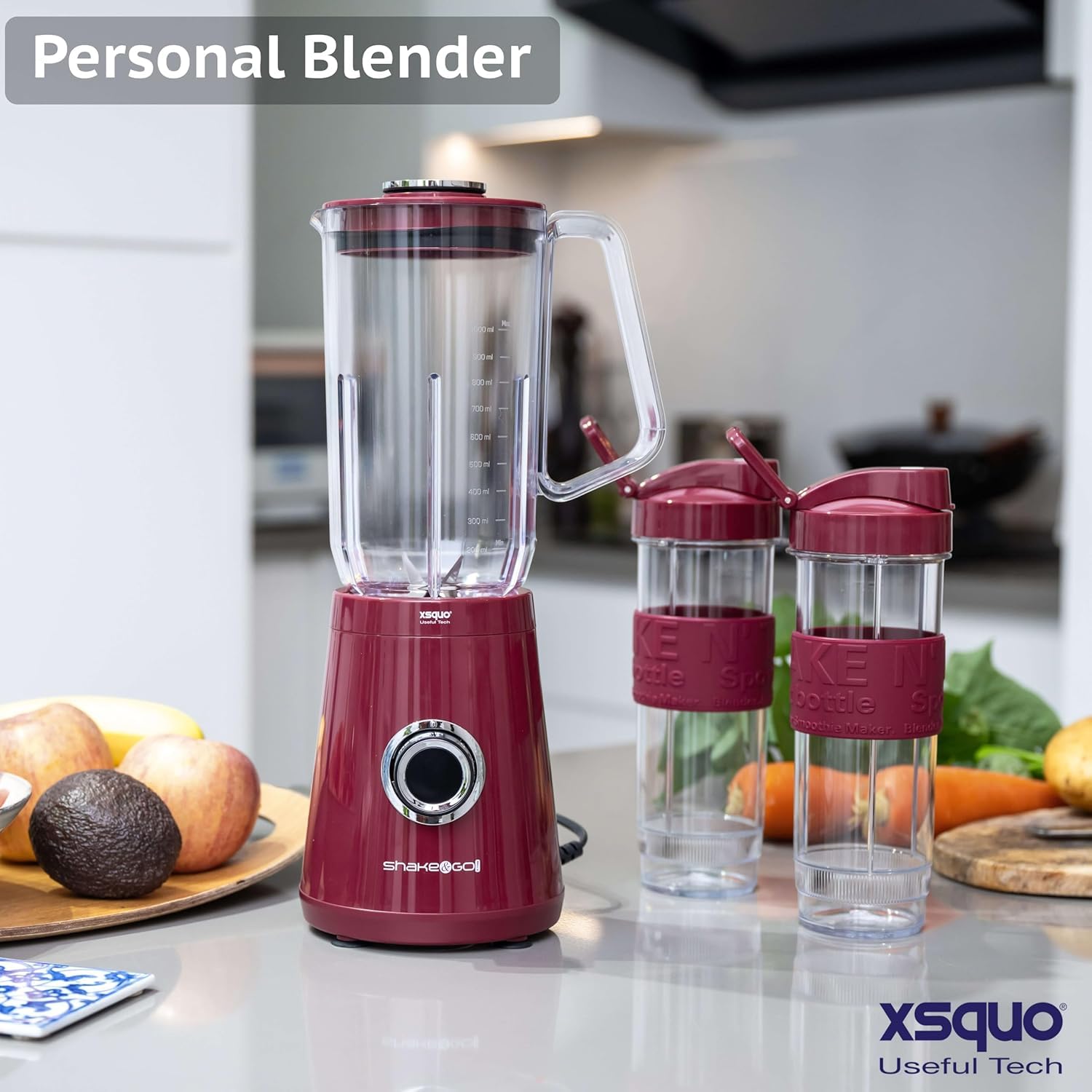 Batidora Licuadora de Vaso Pequeña Portatil para Smoothies Batidos Frutas Zumos 1L con 2 Vasos Batidores Smoothie Maker Lavable Lavavajillas Antideslizante Uso Diario 3 en 1 – XsQuo