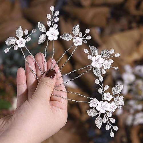 Miniatura 9 de Unicra Alfileres de pelo de novia de plata con diseño de flores de novia, tocado de perlas y diamantes de imitación, accesorios para el cabello para