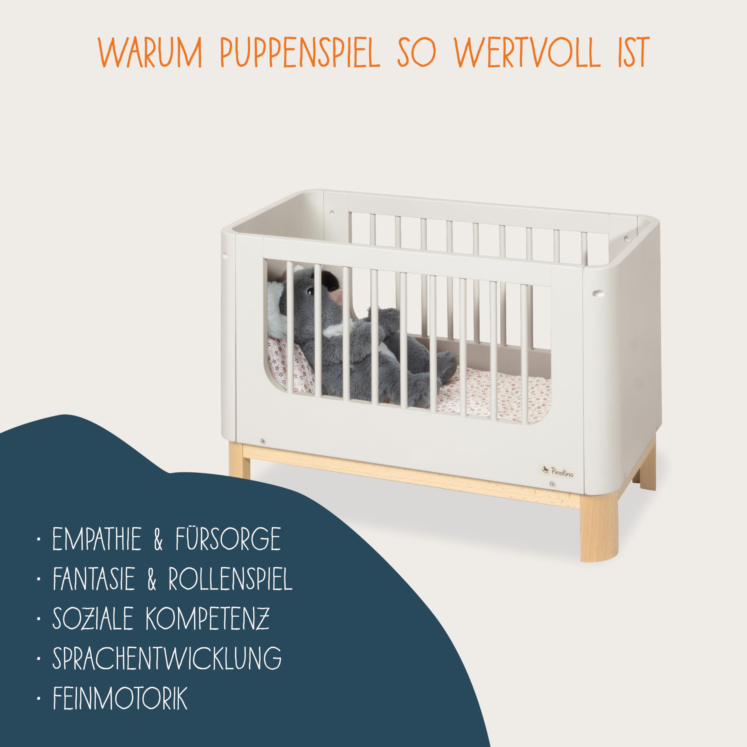 PINOLINO Puppenbett Malea aus Holz mit Bettzeug 4 Teilig - Puppenbettchen mit Matratze, Kissen und Decke, Bett für Puppen und Kuscheltiere, Puppenbett Spielzeug für Mädchen und Jungen, ab 3 Jahren