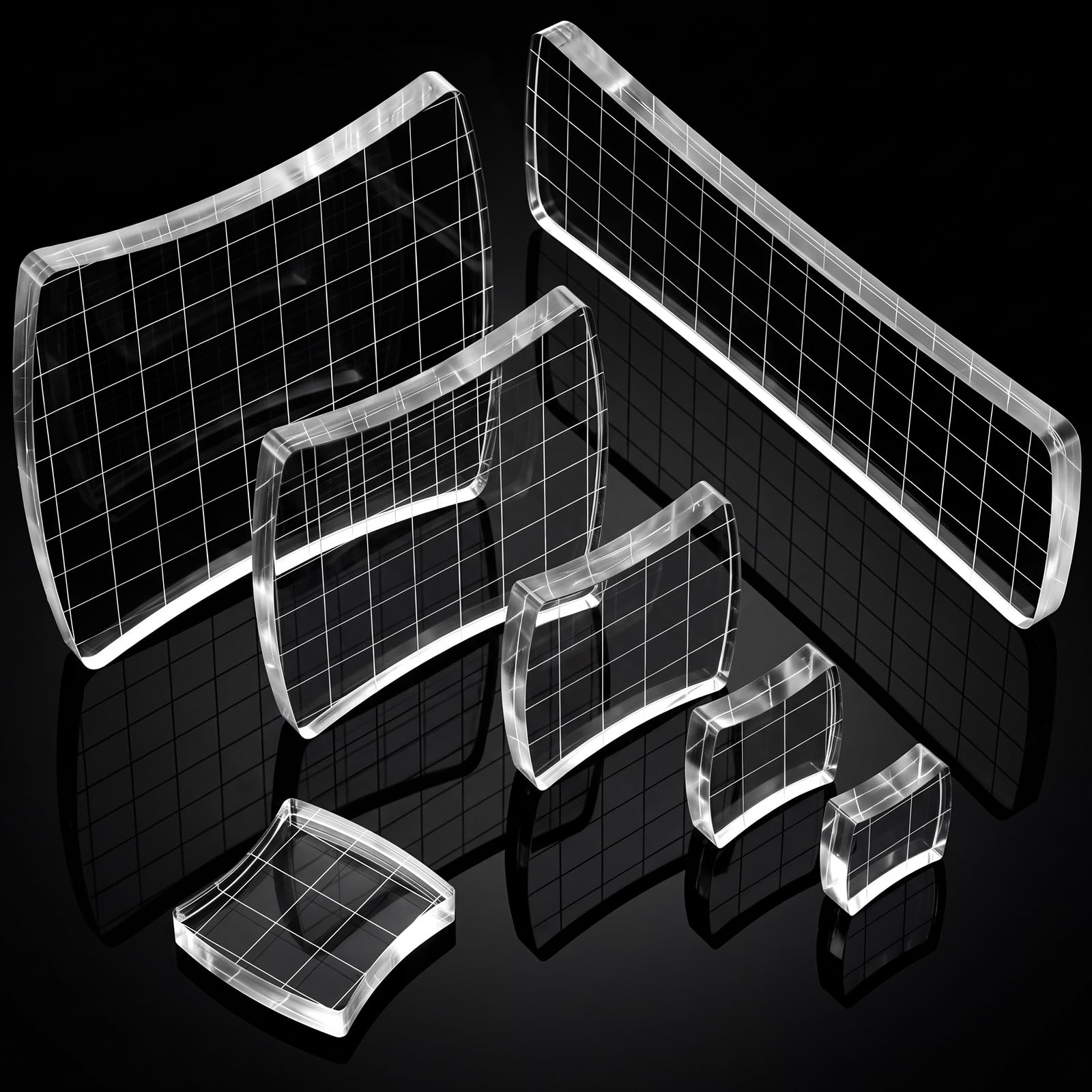 Mudder 7 Pcs Acrylic Stamp Blocks Set Clear with Grid Lines,Square Arc Edge