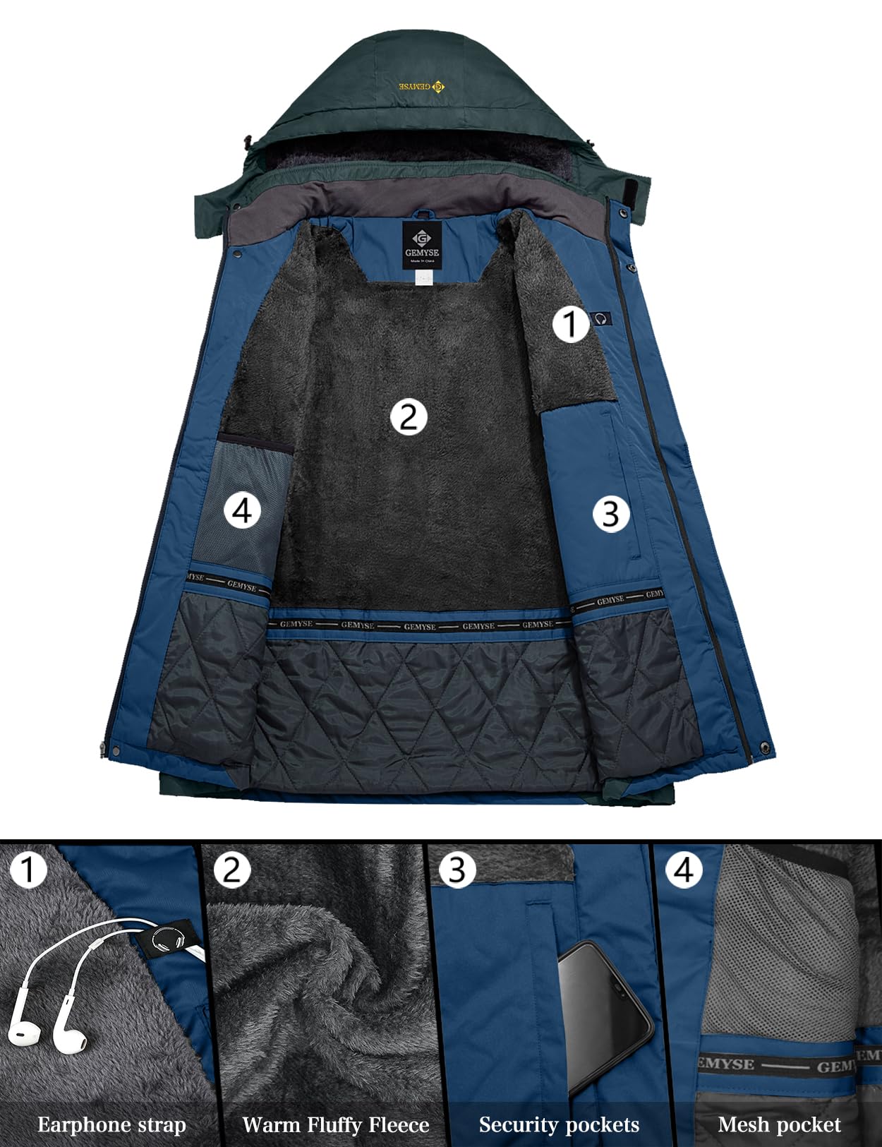 GEMYSE Uomo Giacca da Sci impermeabile montagna Giacche Pile invernale antivento Cappotto con Cappuccio