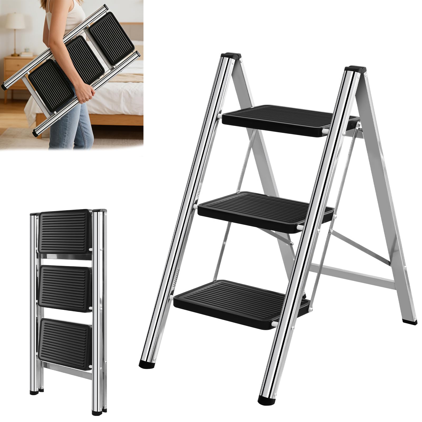 Folding 3-Step Ladder, Heavy Duty Stainless Steel Foldable Ladder with Anti Slip Steps and Feet, Lightweight Stepladder, Easy to Store, Household Ladder for Home/Kitchen/Garage, 150KG Max Capacity