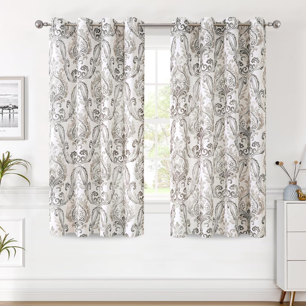 H.VERSAILTEX Linen Curtains for Bedroom Floral Curtains Grommet Rustic Light Filtering Privacy Window Curtain Panels for Dining Room, W 52" x L 63", 2 Panels, Damask Floral Pattern, Grey