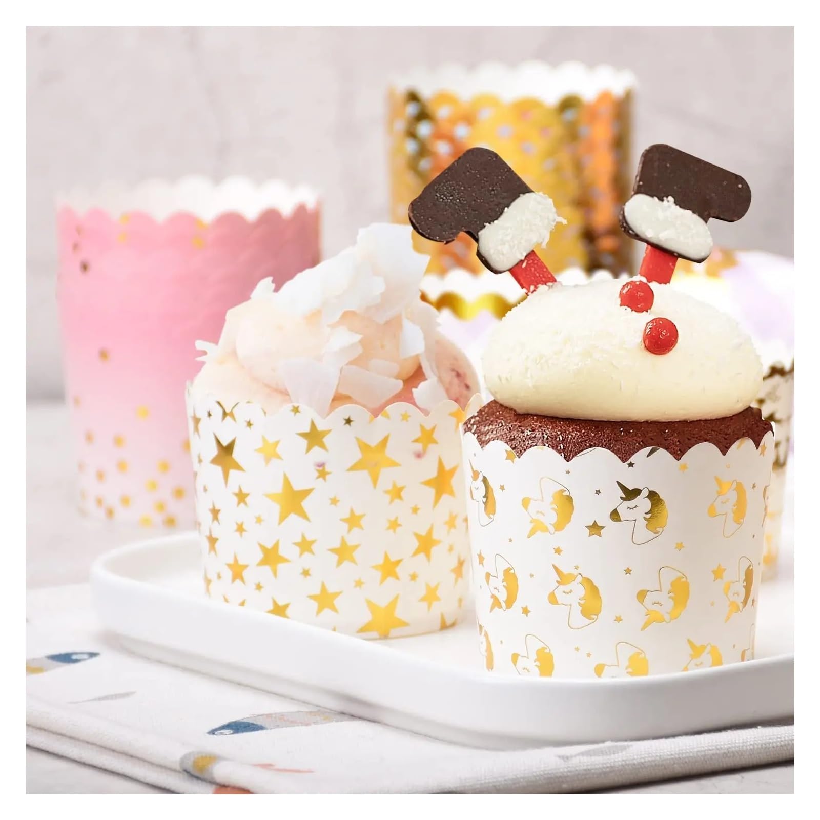 Moldes para tartas, vasos de papel para cupcakes, paquete de 100, multicolor, para hornear magdalenas y cupcakes, resistentes a la grasa y resistentes, perfectos para fiestas y eventos