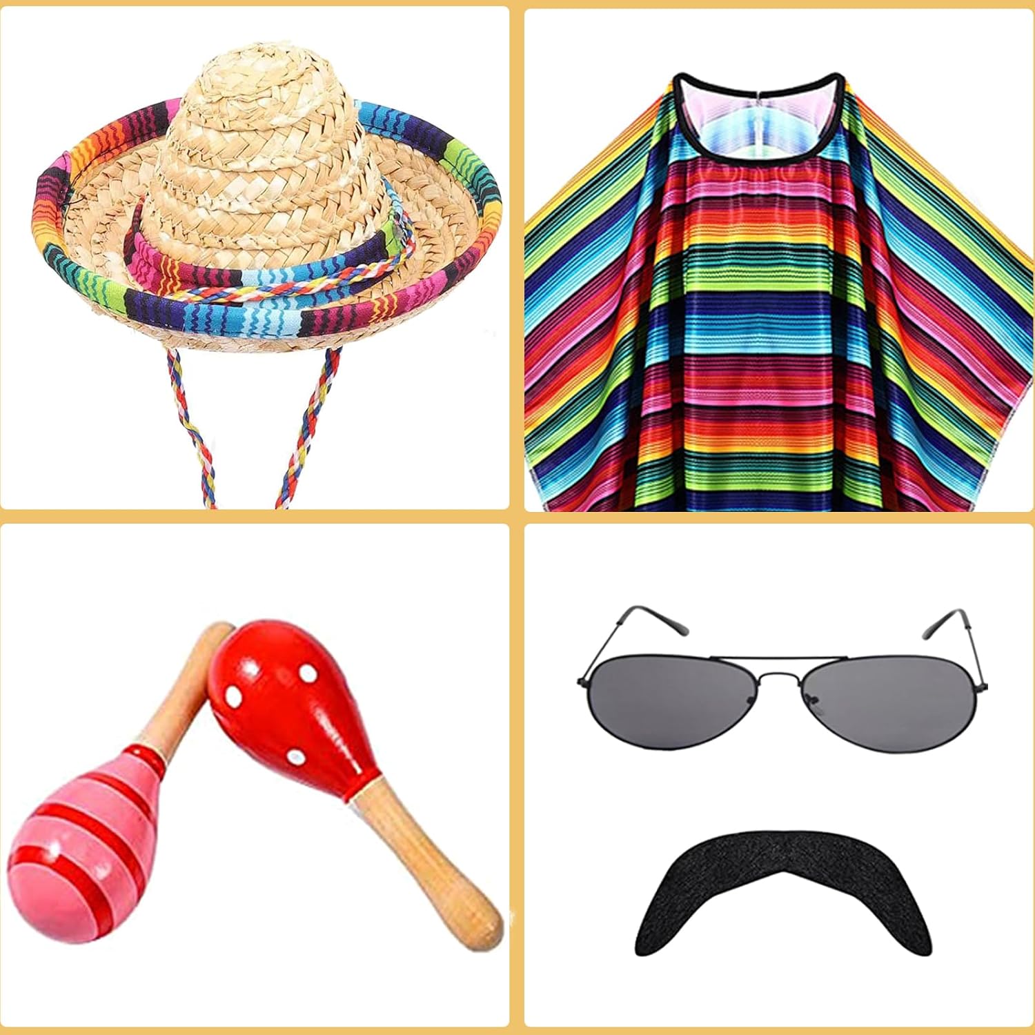 Mexican Poncho and Sombrero Set for Adults,7Pcs Mexican Party Costume Set Includes Fiesta Serape Poncho Sombrero Hat Sunglasses Fake Mustache Maracas Stick Prop for Cinco De Mayo Costume - Image 3