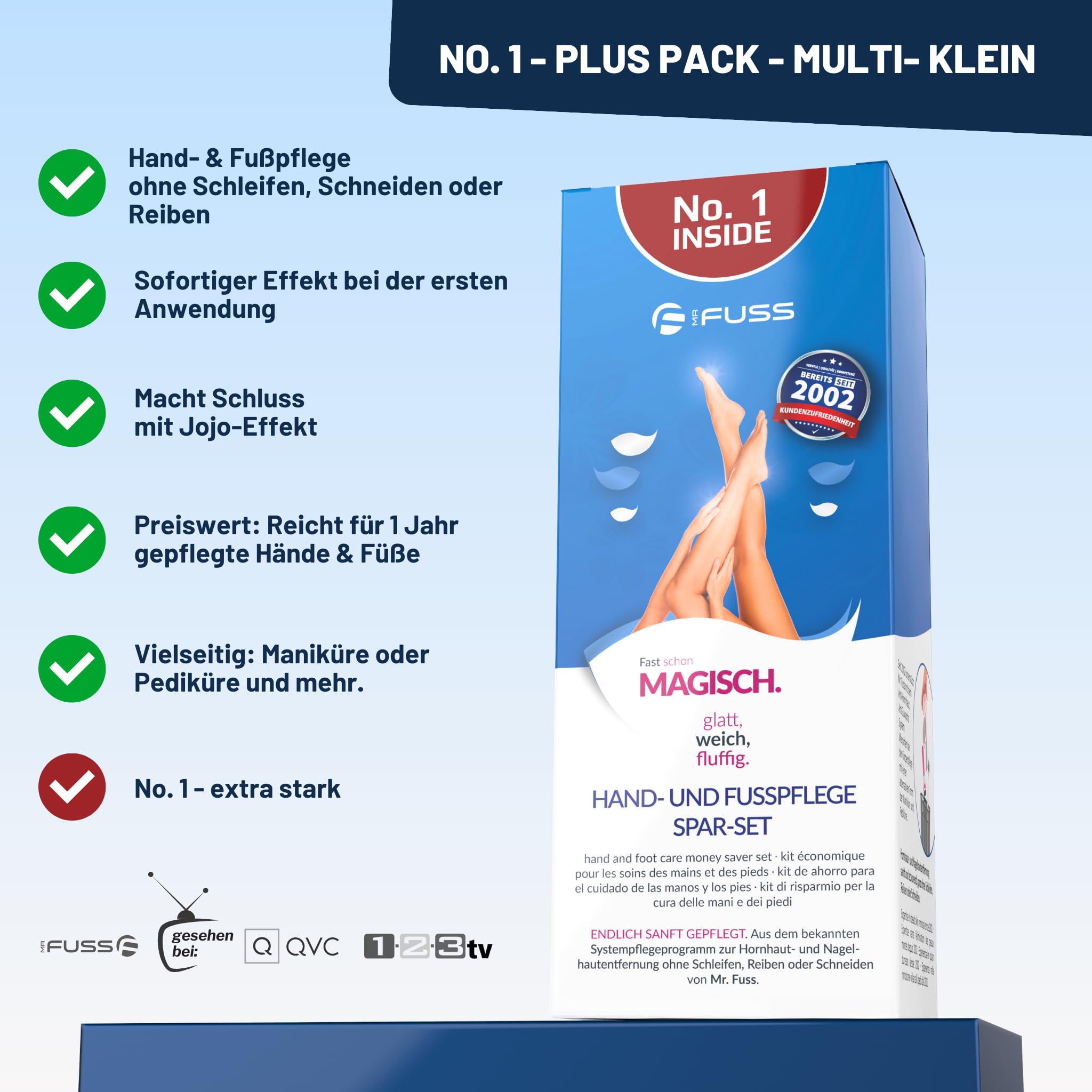 Mr. Fuss® No. 1 - Plus Pack Multi - Mały, zestaw do usuwania skórek i zrogowaciałego naskórka, zestaw ekonomiczny 3-częściowy aktywny roztwór szybko i mocno zmiękczający - 200 ml, wata, narzędzie