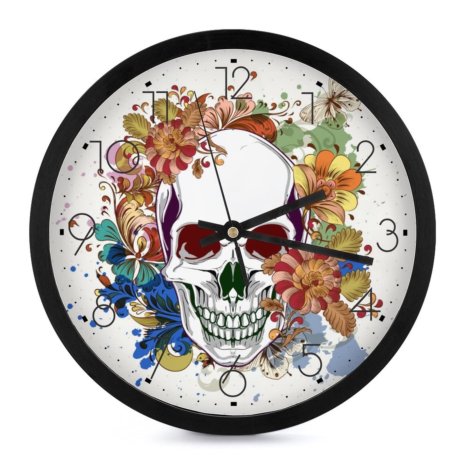 Pendule murale silencieuse moderne fleurs de crâne de 25.4cm pour la déco de bureau
