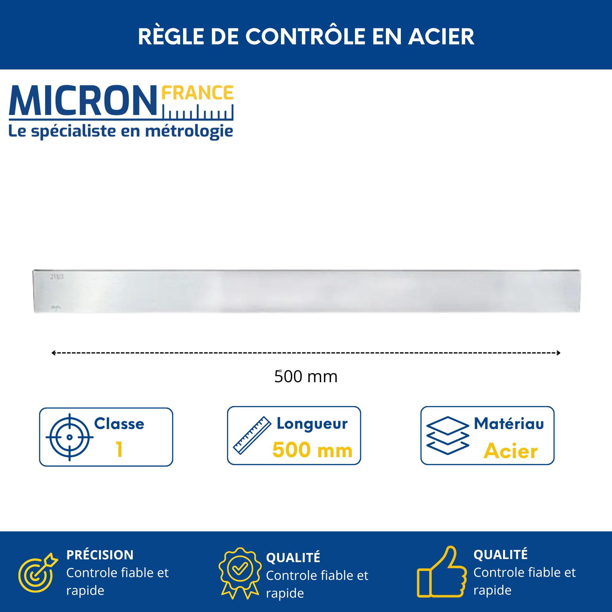 Règle de Contrôle en Acier Classe 2 - Longueur 500 mm - Instrument de Précision pour Vérification de Planéité, Métrologie, Atelier et Maintenance Industrielle