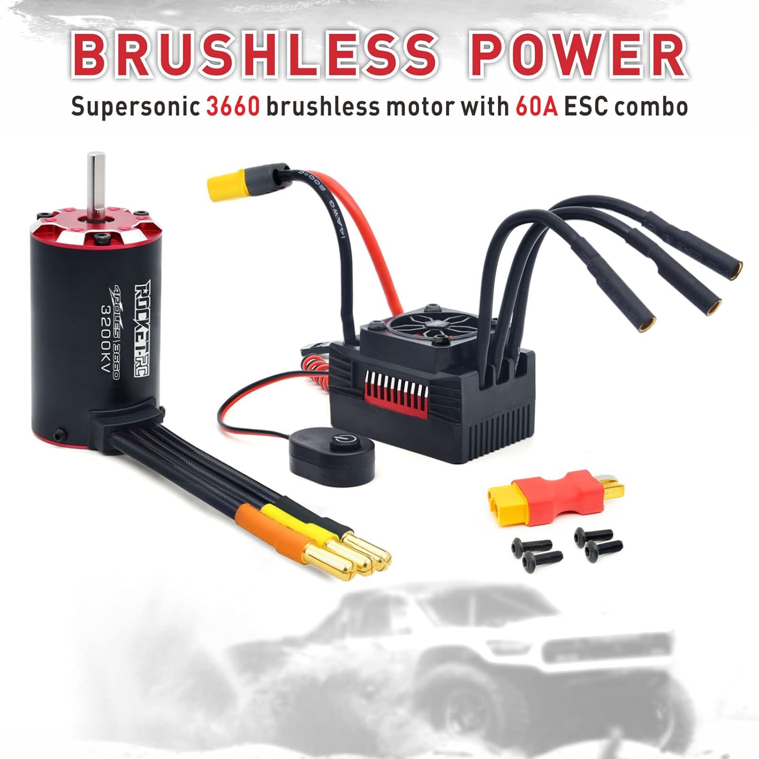 Surpass Hobby RC Brushless Motor,Rocket V2 Supersonic 3660 3200KV 4 Pole Brushless Motor Set with 60A ESC for 1/10 RC Car Upgrade Parts