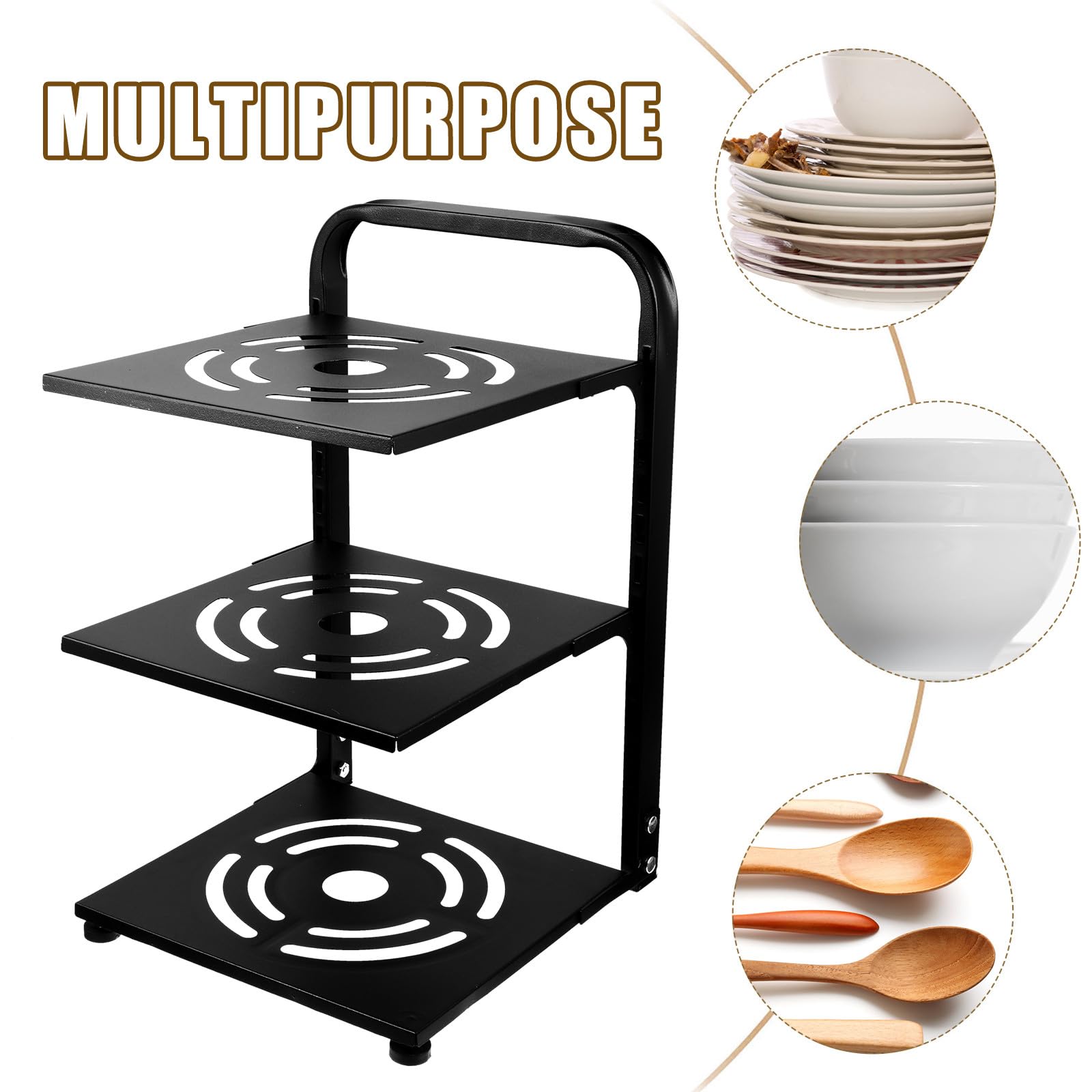 Estante Organizador de Ollas y Sartenes de 3 Niveles Ajustable en Acero al Carbono Negro, Soporte para Botellas y Especias, Adecuado para Armarios y Encimeras de Cocina