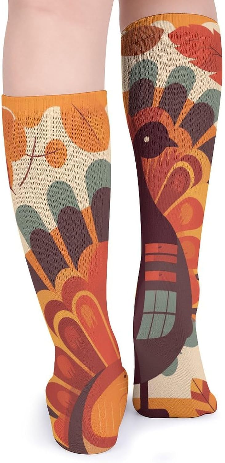 5-Pack Knee High Socks, 15.7 Inch Breathable Casual Socks Turkey in Front of Leaves Stockings for Men Women
