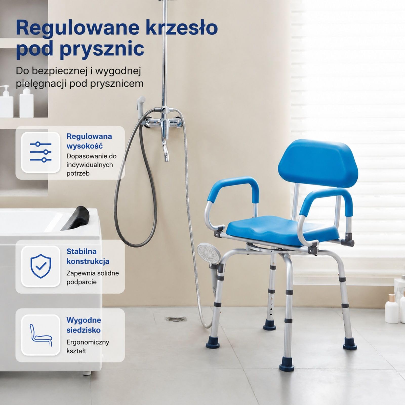 Obrotowe krzesło prysznicowe z wyściełanymi podłokietnikami, udźwig 136 kg, do łazienki