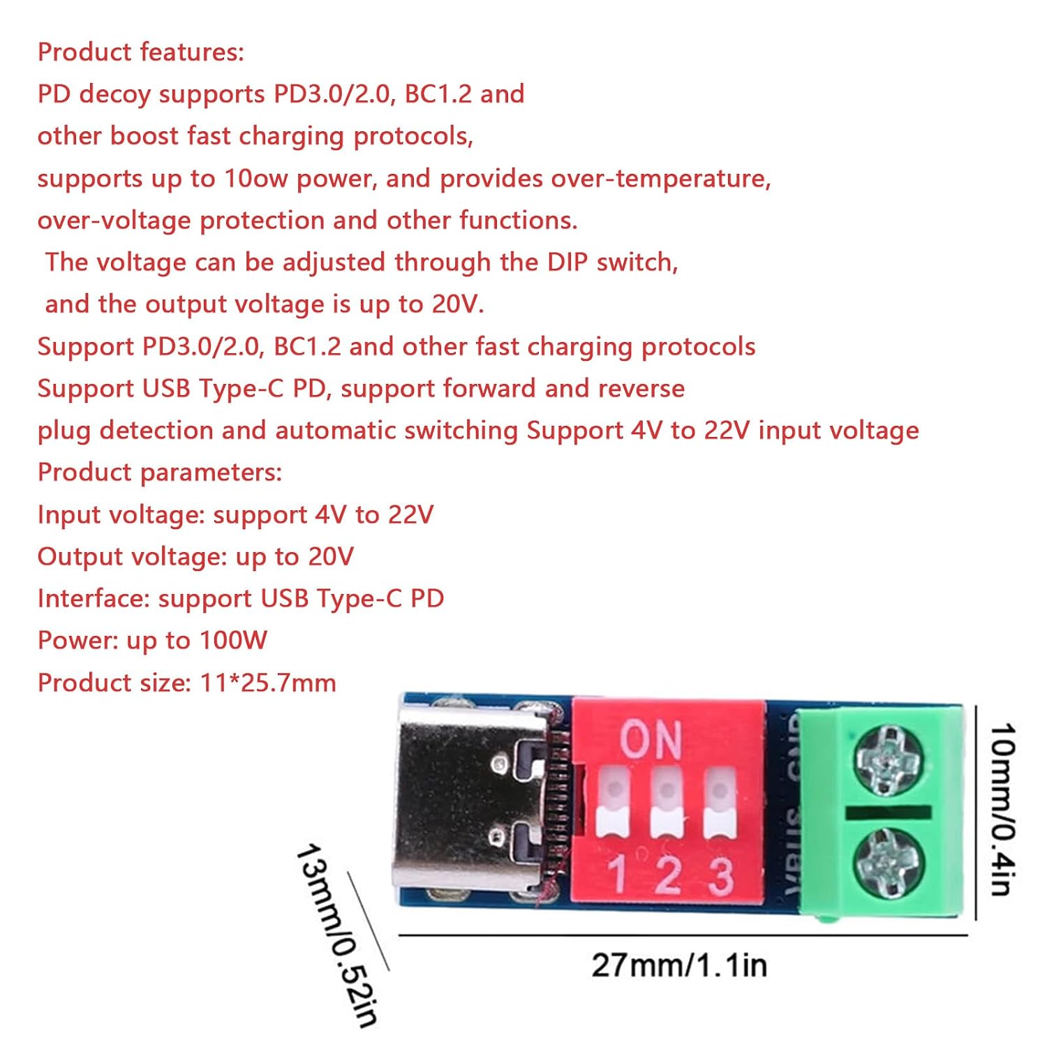 5 штук модулей управления USB C PD/QC Decoy Board, регулируемое напряжение 5/9/12/15/20 В, 100 Вт, настройка через DIP-переключатели, модуль Power Delivery Boost, быстрая зарядка