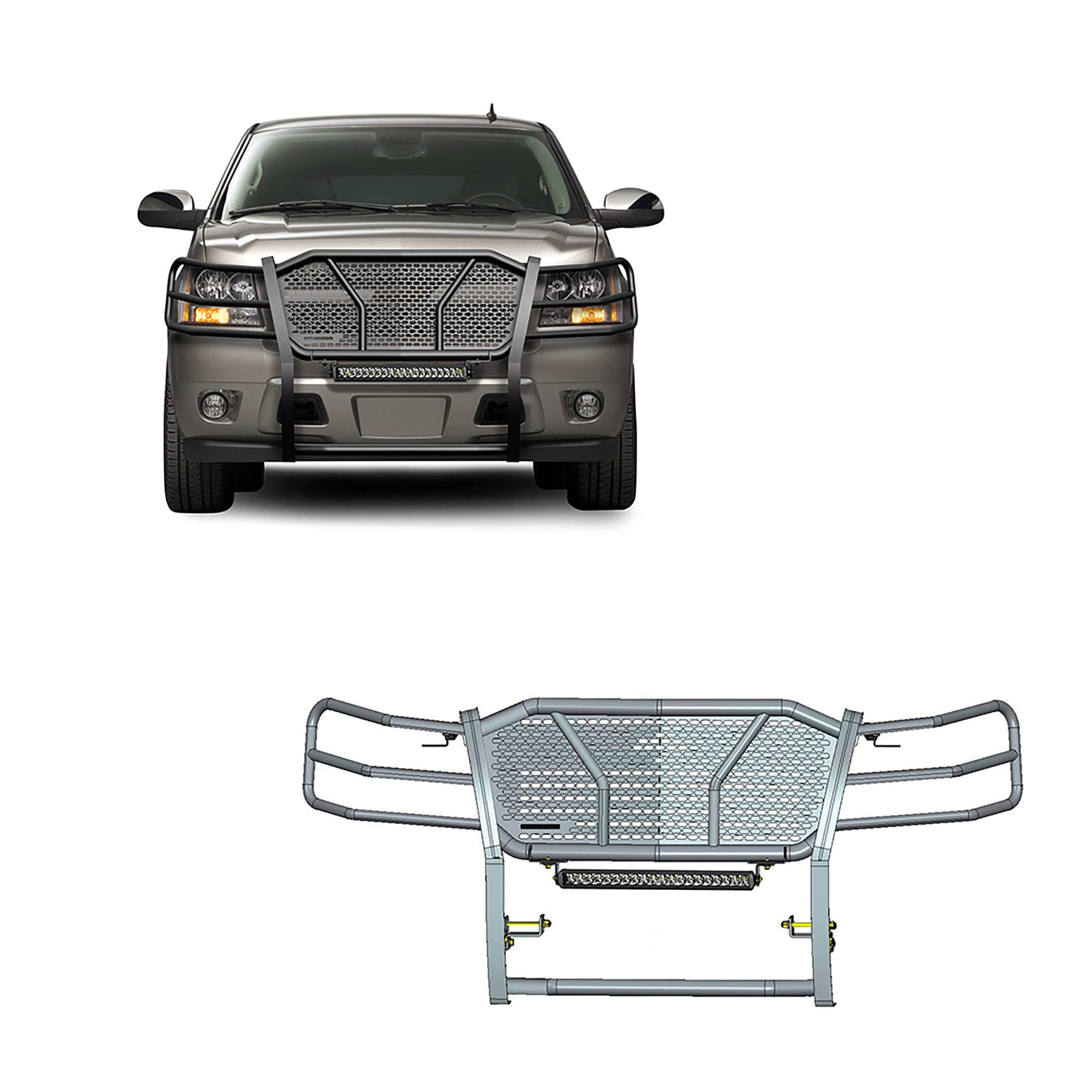 Black Horse RUGGED Heavy Duty Grille Brush Bumper Guard Modular Black Come With Single Row LED Light Compatible with 2007-2014 Tahoe|2007-2014