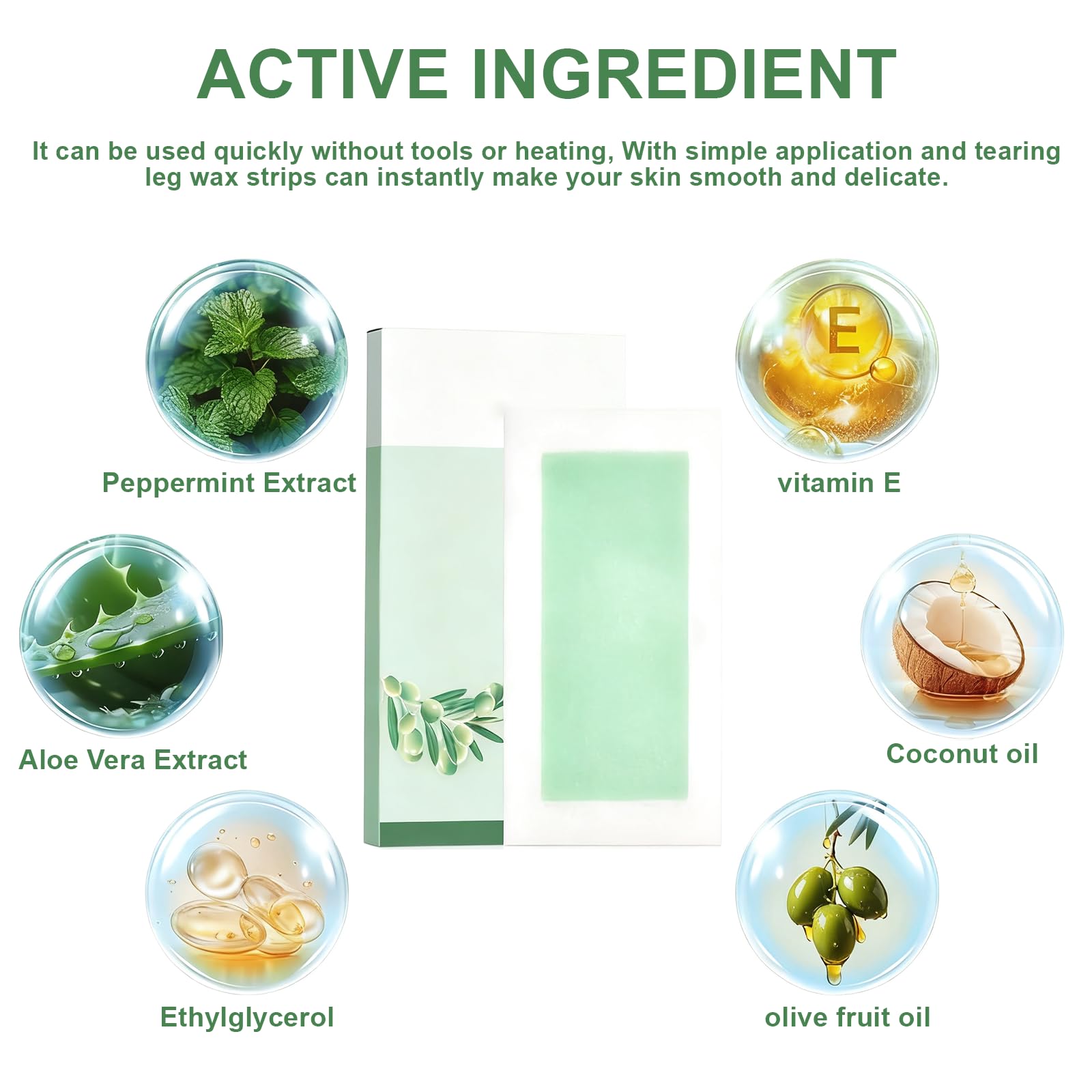 72 Piezas Bandas Depilatorias, Bandas para Depilación Con Cera, Cera Fría, Formulación Suave, Tiras Depilatorias Cera, para Piernas, Brazos y Zona Bikini, Verde