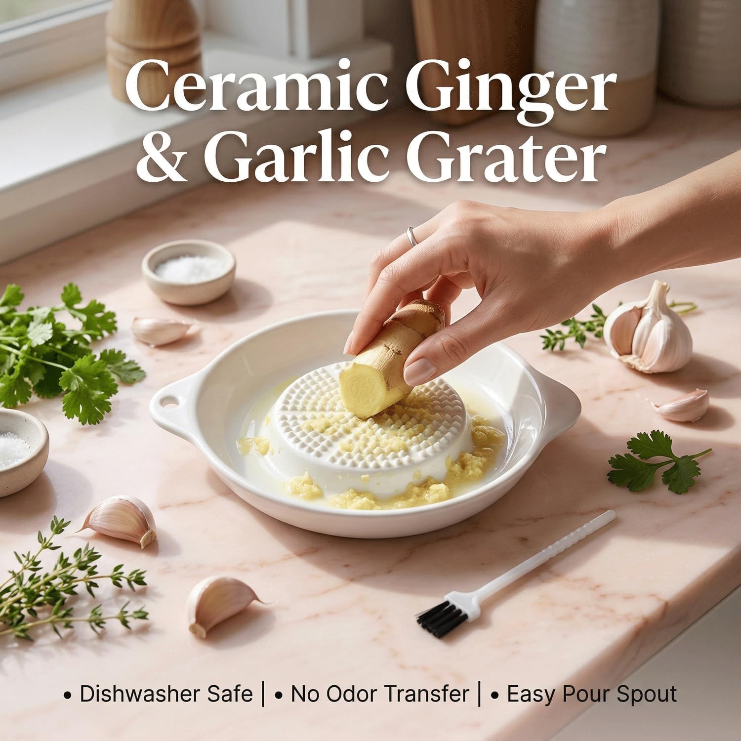 Ceramic Garlic Grater Plate, Ginger Grinder & Garlic Mincer with Raised Teeth, Multi-Function Manual Grater, Vegetables, Fruit & Spices, White (Round)