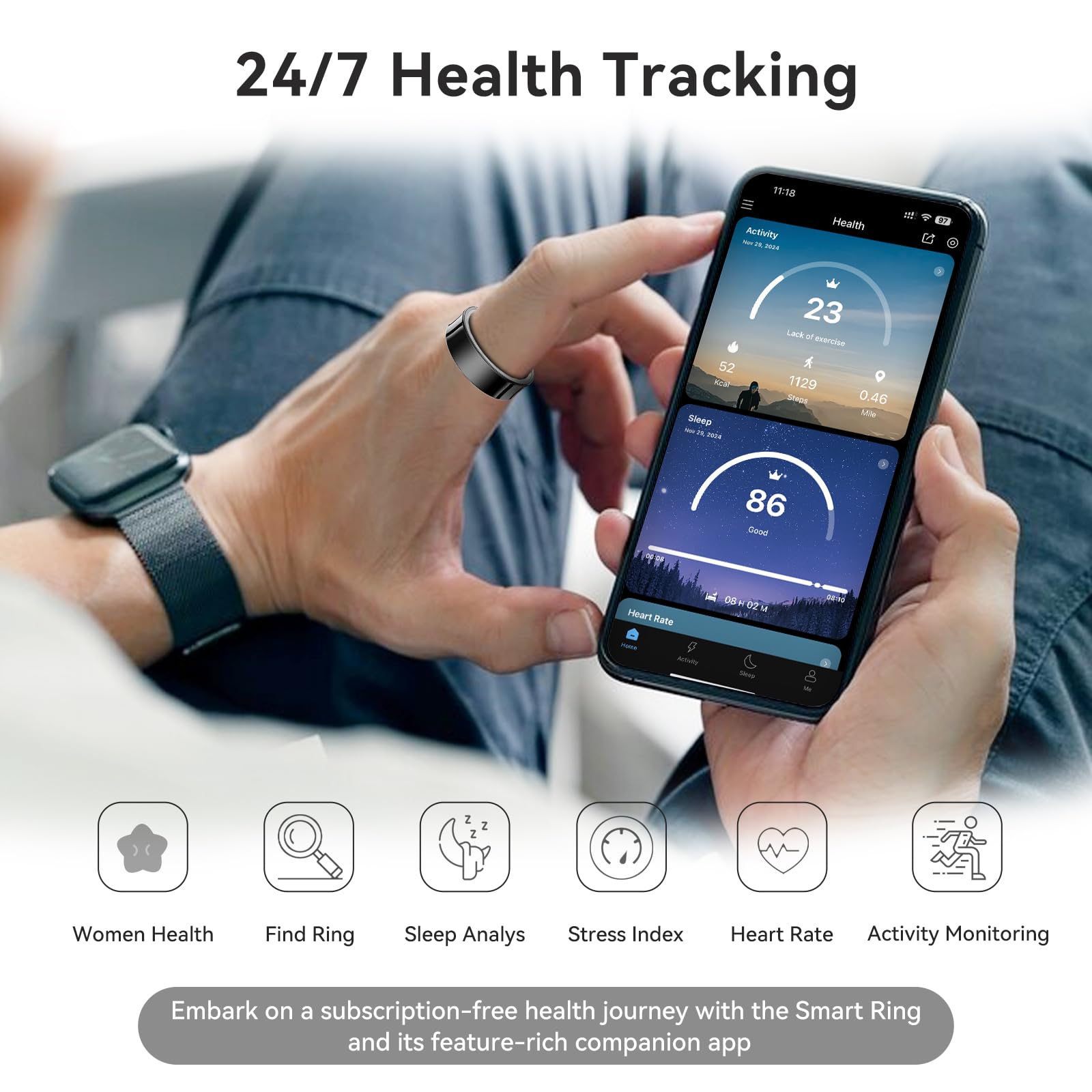 Smart Ring Health Tracker, anelli per la salute per donne e uomini, senza abbonamento, anelli per dormire a batteria a lunga durata, monitoraggio del fitness e del sonno, compatibile con