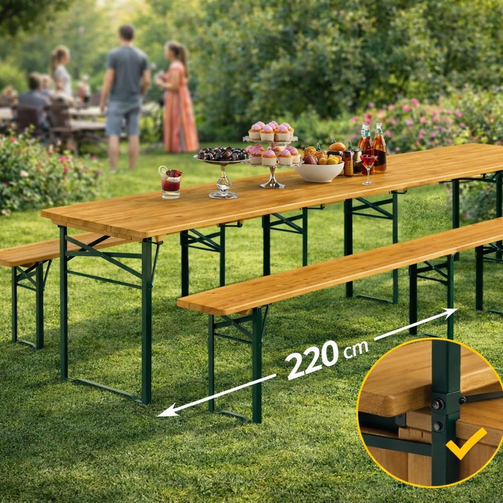 BAKAJI Set 3 Pezzi Birreria con Tavolo Pieghevole e Panche da Esterno, Struttura in Acciaio Comoda, Seduta Ergonomica e Resistente, Ideale per Giardino, Bar, Campeggio, Sagra (220 cm)