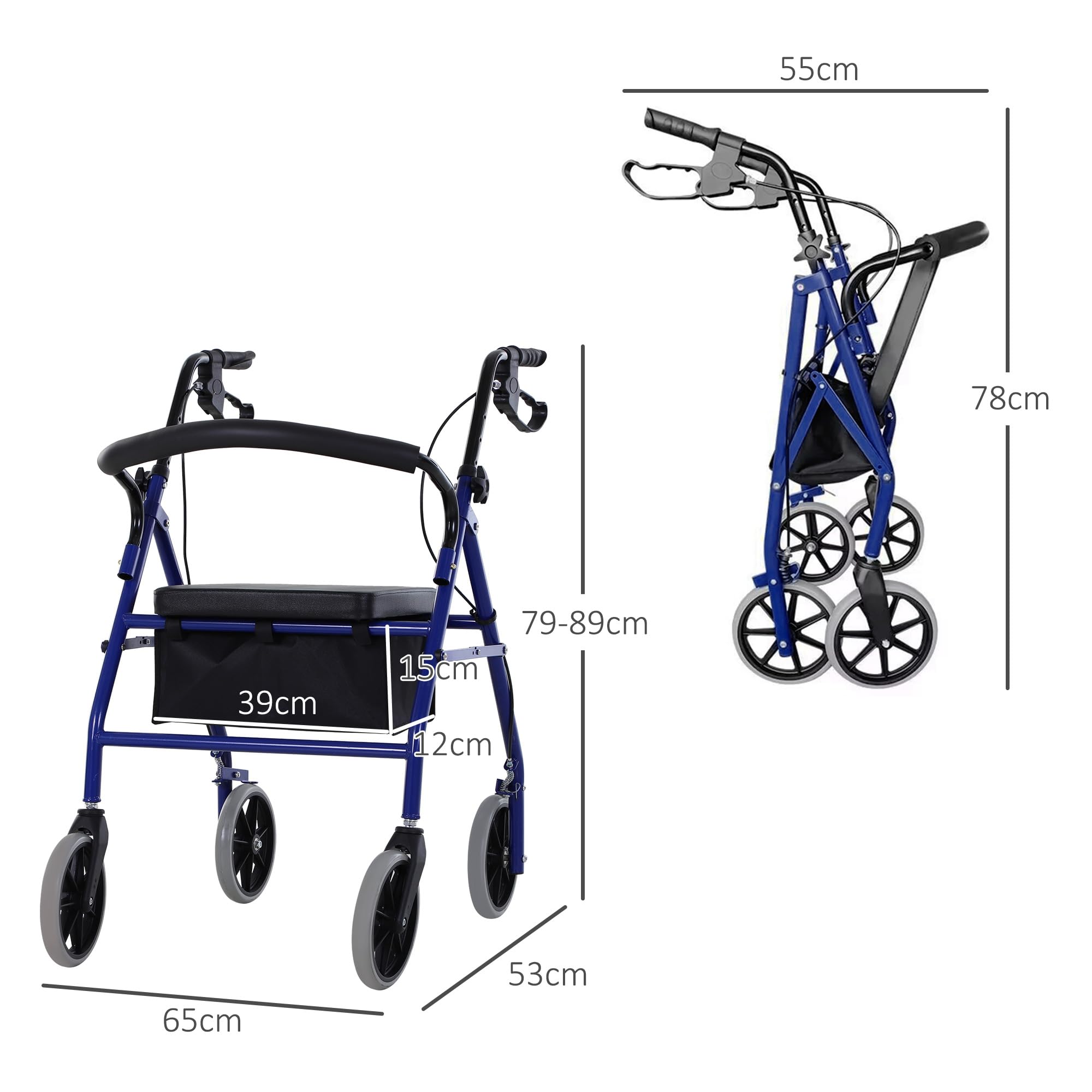 HOMCOM Andador para Adultos Plegable Con Almacenaje Asiento y Frenos 65x53x79-89 cm Azul y Negro