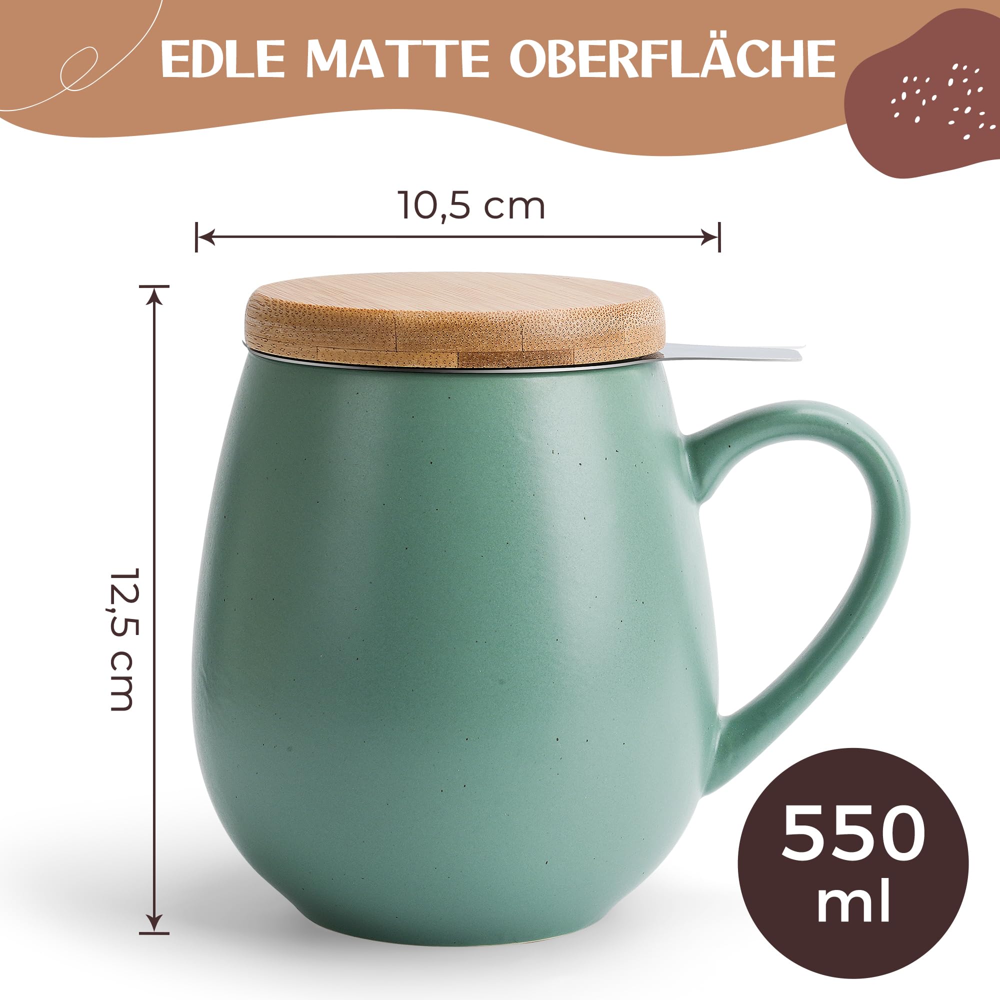Tazza da tè con coperchio e colino – 550 ml – grande tazza da tè con filtro – tazza XXL con coperchio – tazza da tè grande – tazza grande – accessori per tè