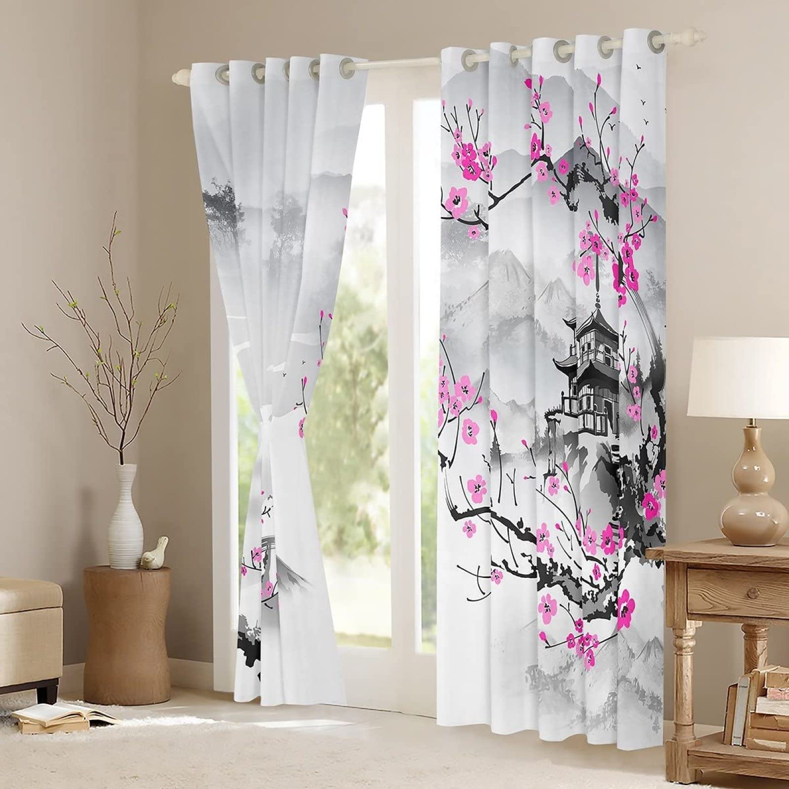 Lot de 2 Rideau Style Japonais Rideaux Occultants 140x245 cm Fleur de Cerisier Violet Imprimé 3D Style Japonais Rideaux de Fenetre Isolant Thermique Décoration Rideaux pour Chambre Salon