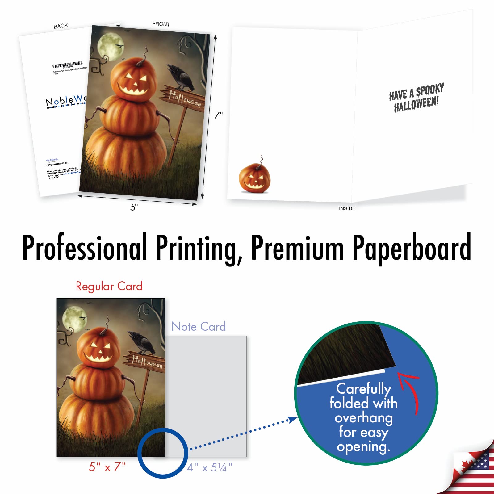 NobleWorks C4962AHWG-B12x1 Lot de 12 cartes de vœux d'Halloween avec enveloppes de 12 x 17,8 cm (1 motif, 12 de chaque) citrouilles effrayantes C4962AHWG-B12x1
