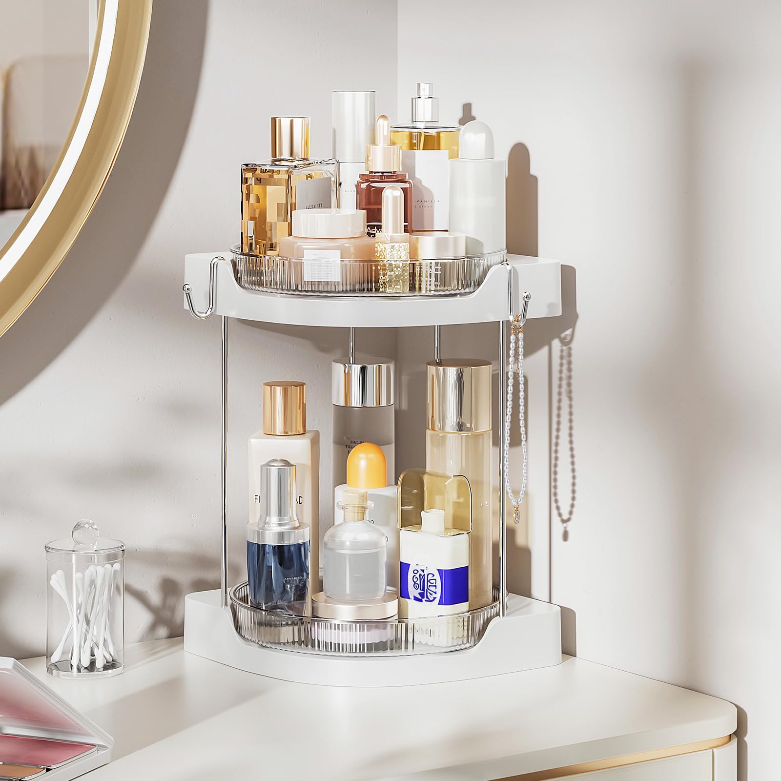 Delamu Bathroom Counter Organizer, Rotating Makeup Organizer Countertop, Easy to Install, Ideal for Bathroom Storage, Vanity, Perfume, Large Skincare Items, Present, and More, White