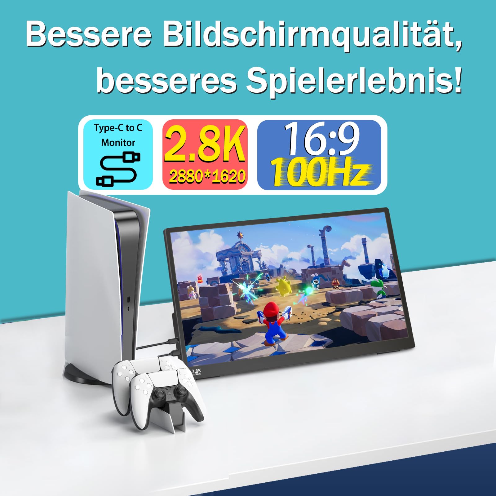 15,6 Zoll 2,5K Touchscreen Monitor,FHD 2880x1620 IPS 100Hz 16:9,10-Punkt-Touch Portable Monitor with 100%sRGB,Ultradünn Erweiterter Tragbarer Monitor für Laptops/PCs/Smartphone/Macs/Xbox/PS5