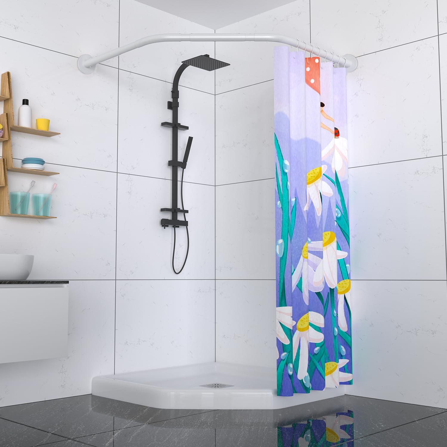 Tanxih Corner Shower Curtain Rod Adjustable Stainless Steel Diamond Shaped Rack Drill Free Install for Bathroom, Bathtub, Clothing Store (Diamond Shaped White, Both Sides: 17