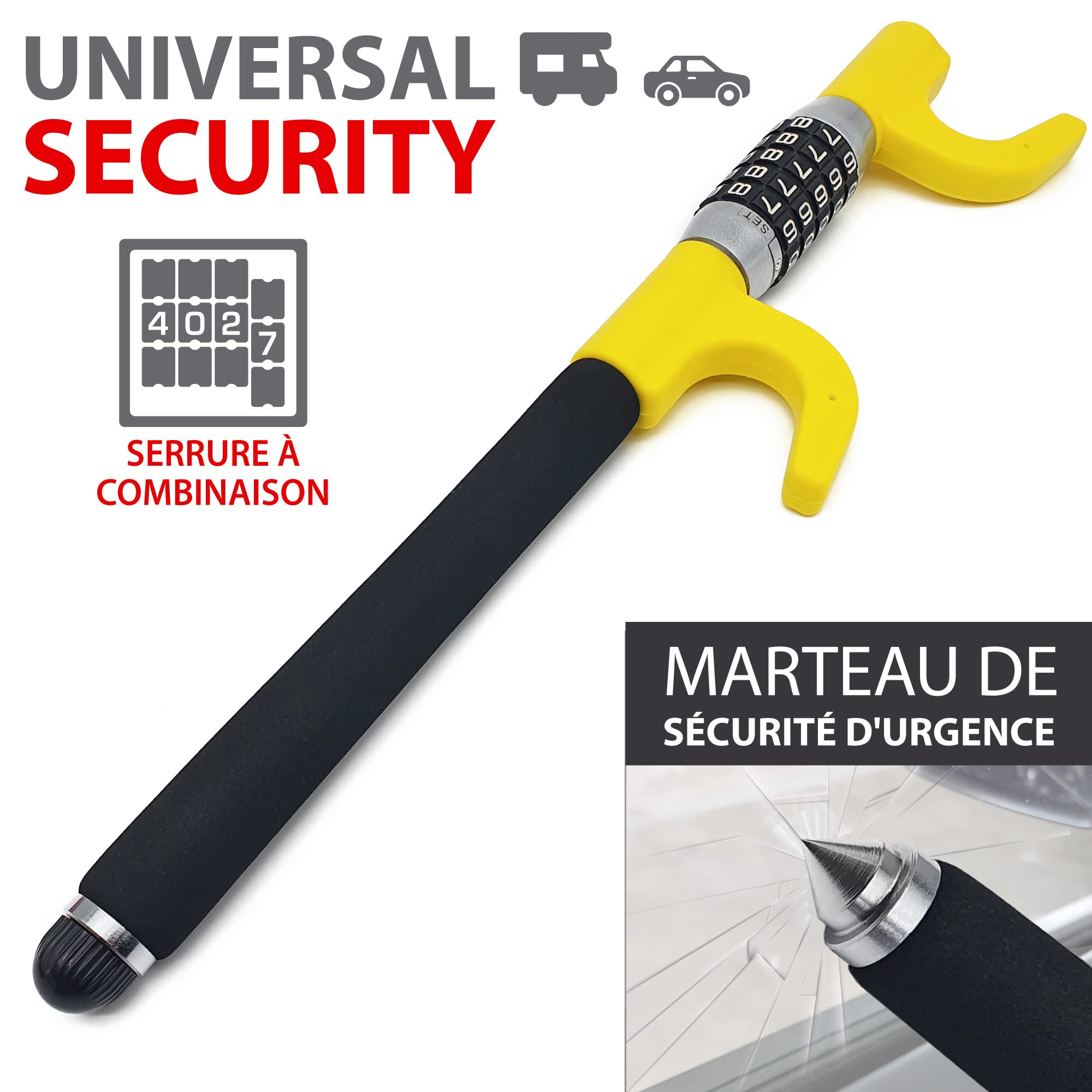 KRASER KR940B Antivol Voiture à Code Sécurité Maximale, Canne Jaune Plus Visible et Dissuasif, Robuste Bloque Volant avec Marteau d'Urgence, Bloc Barre Anti Vol Universel pour Auto, Camping-Car